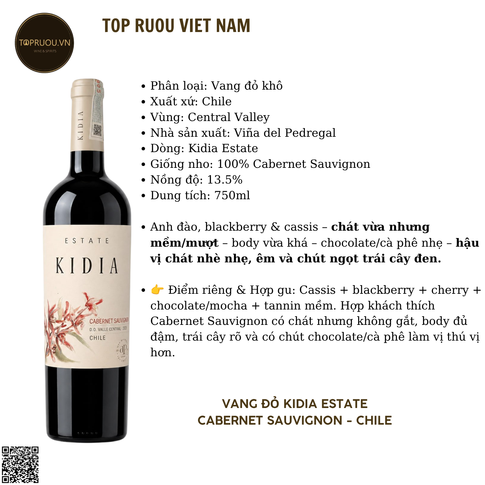 Rượu Vang Đỏ Kidia Classico - Chile - Cabernet Sauvignon - 13,5% - 750ml