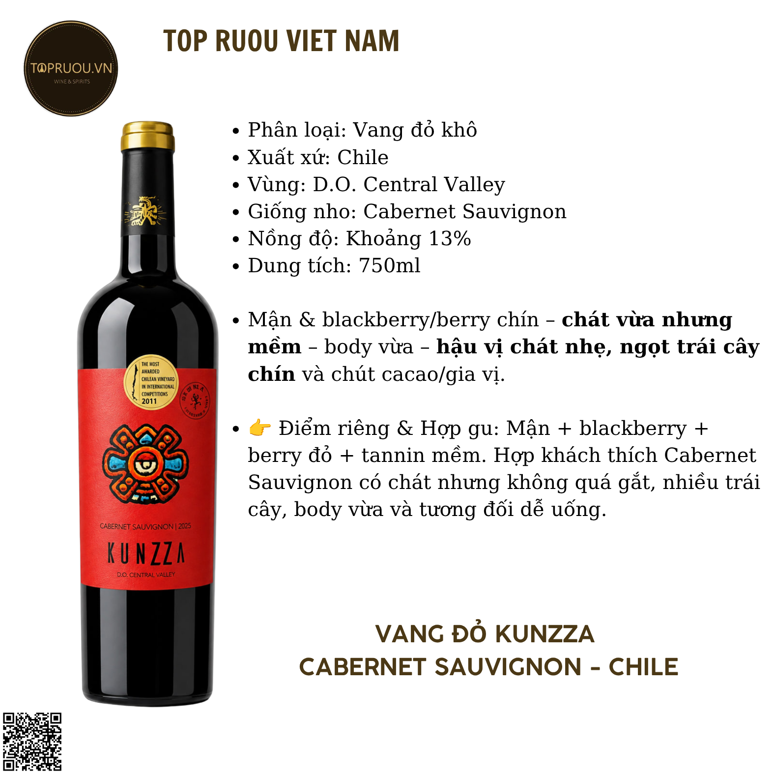 Rượu Vang Đỏ Kunzza - Chile - Cabernet Sauvignon - 13,5% - 750ml