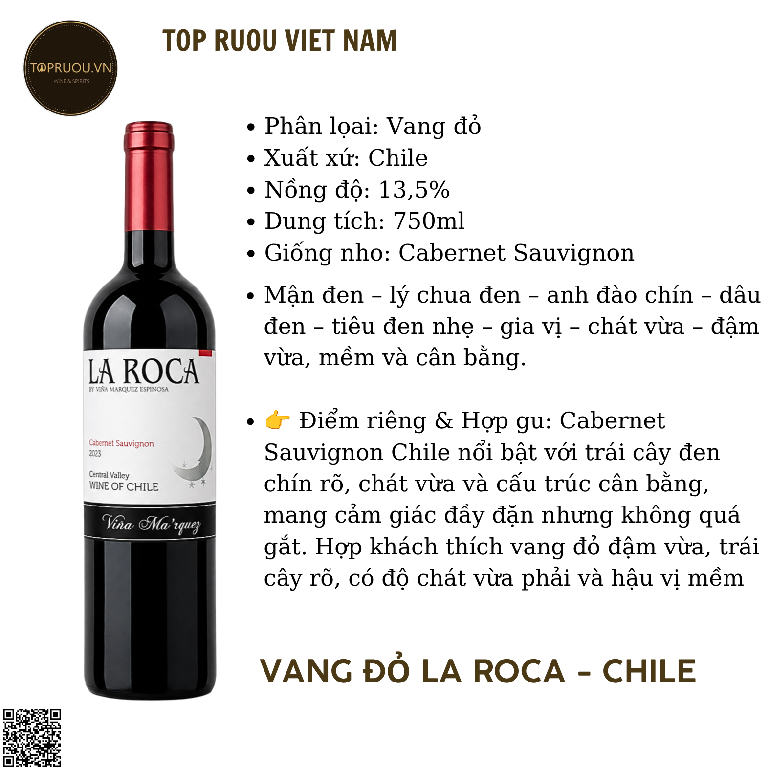 Rượu Vang Đỏ La Roca - Chile - Cabernet Sauvignon - 13.5% - 750ml