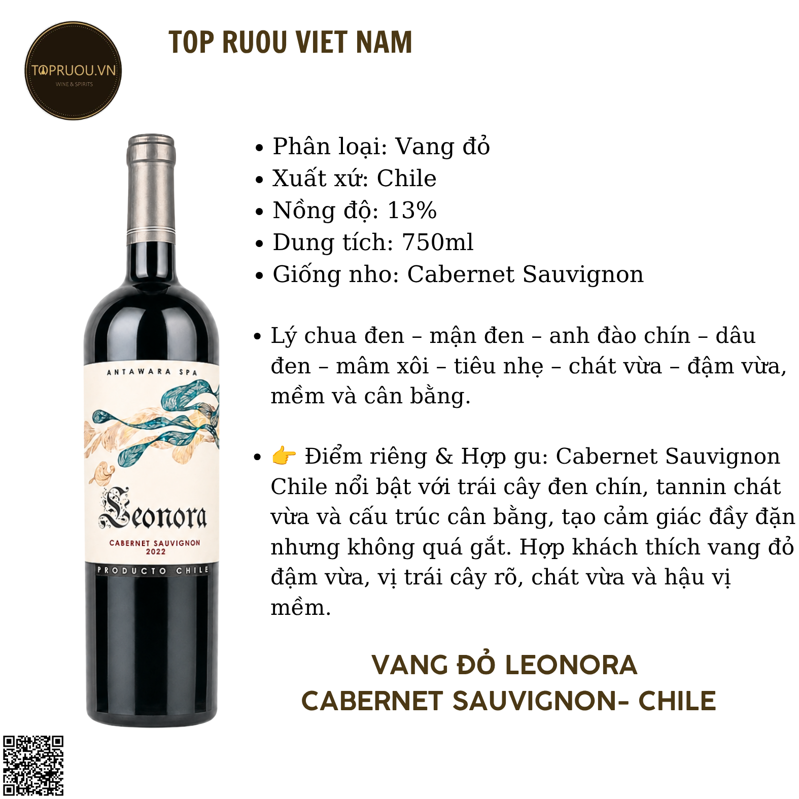 Rượu Vang Đỏ Leonora - Chile - Cabernet Sauvignon - 13% - 750ml