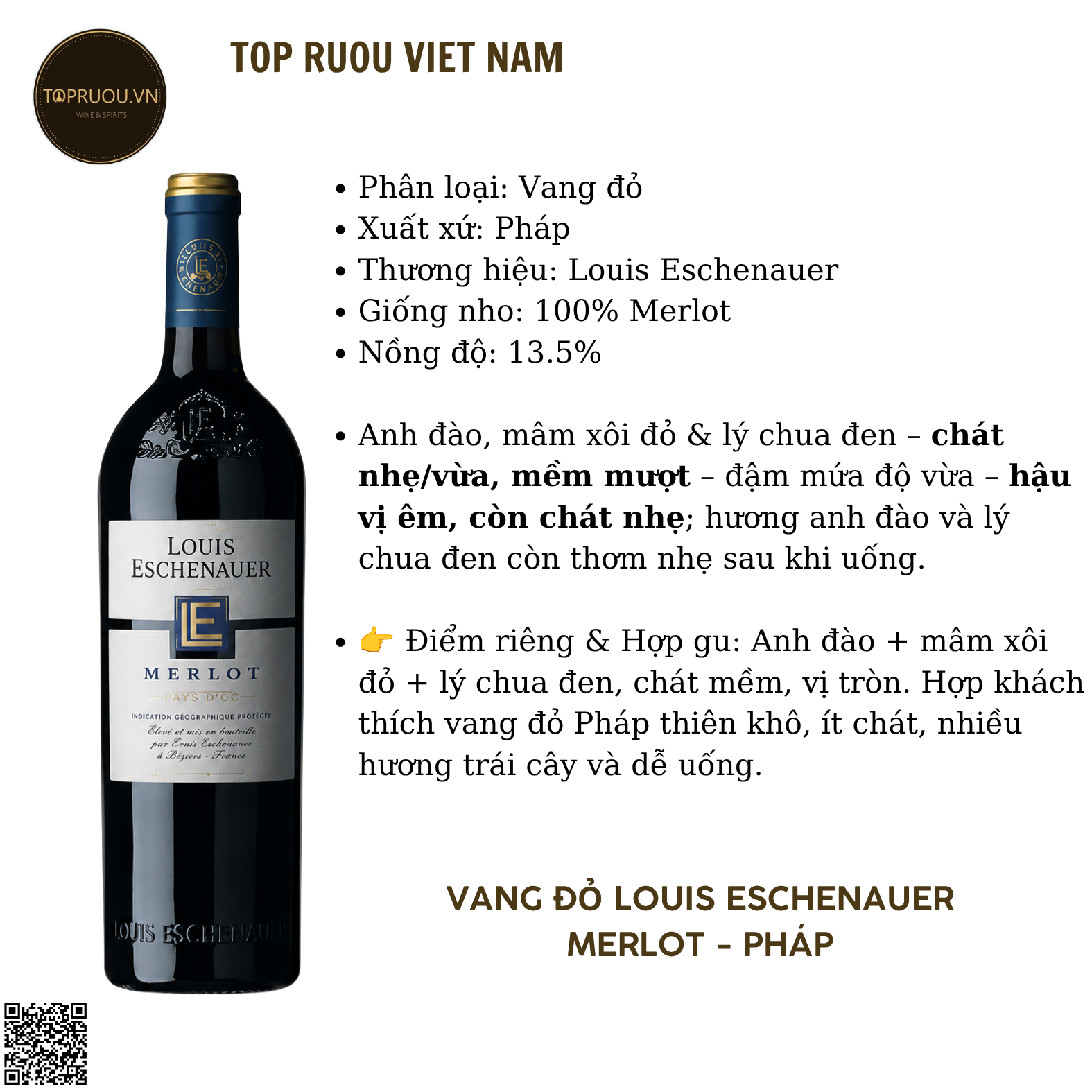 Rượu Vang Đỏ Louis Eschenauer - Pháp - Merlot - 13.5% - 750ml