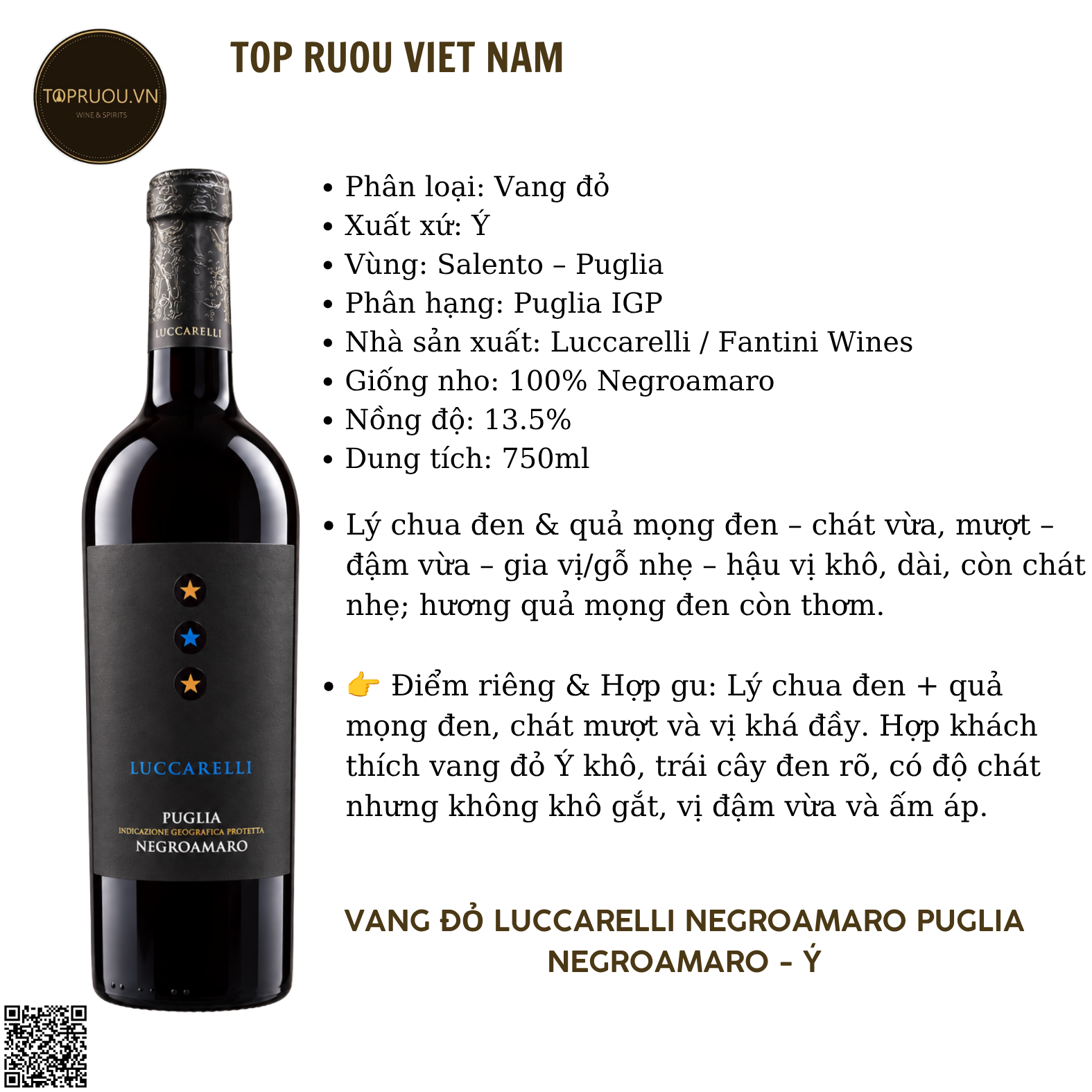 Rượu Vang Đỏ Luccarelli Negroamaro Puglia - Ý - Negroamaro - 13.5% - 750ml