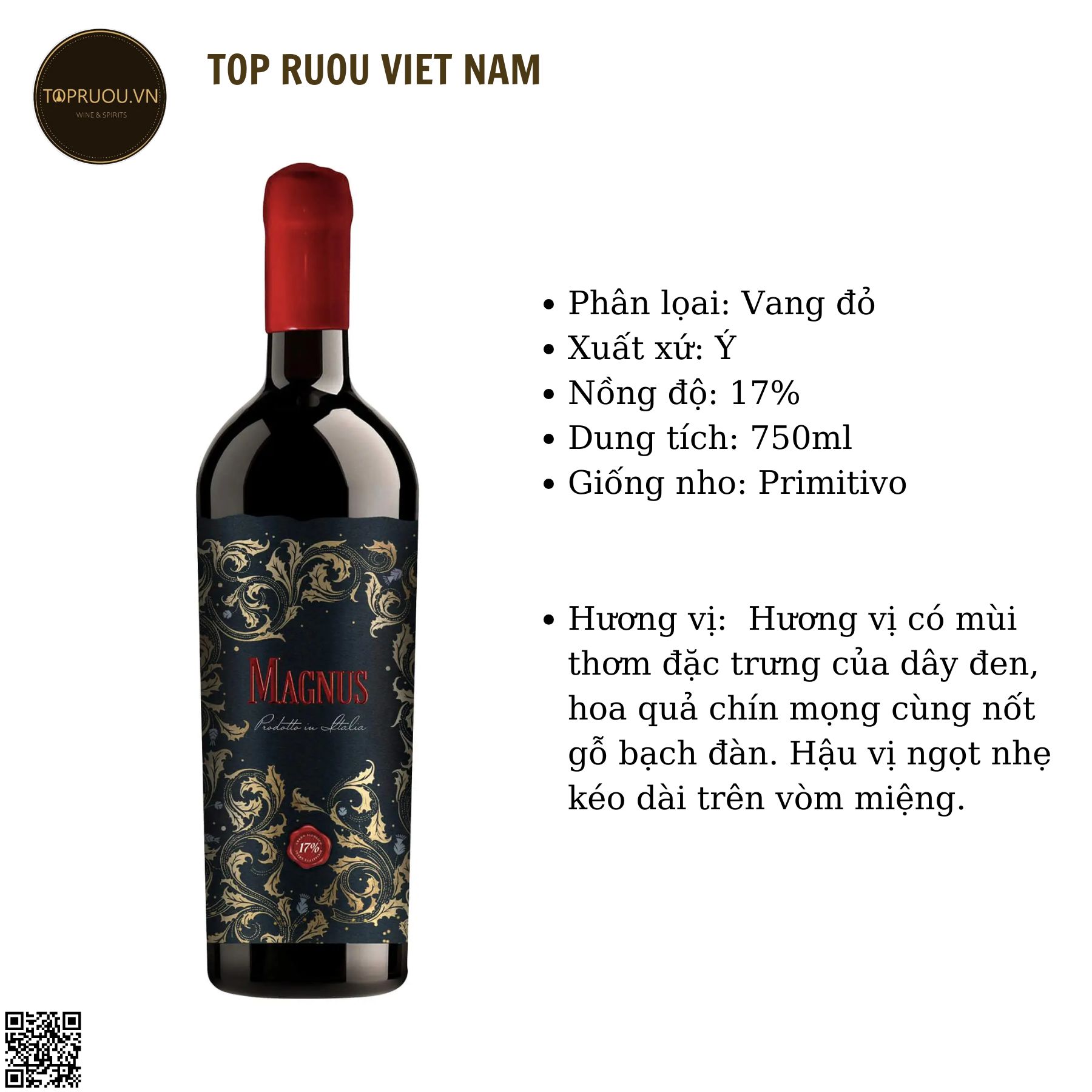 Rượu Vang Đỏ Magnus - Ý -  Negroamaro, Primitivo - 17% - 750ml