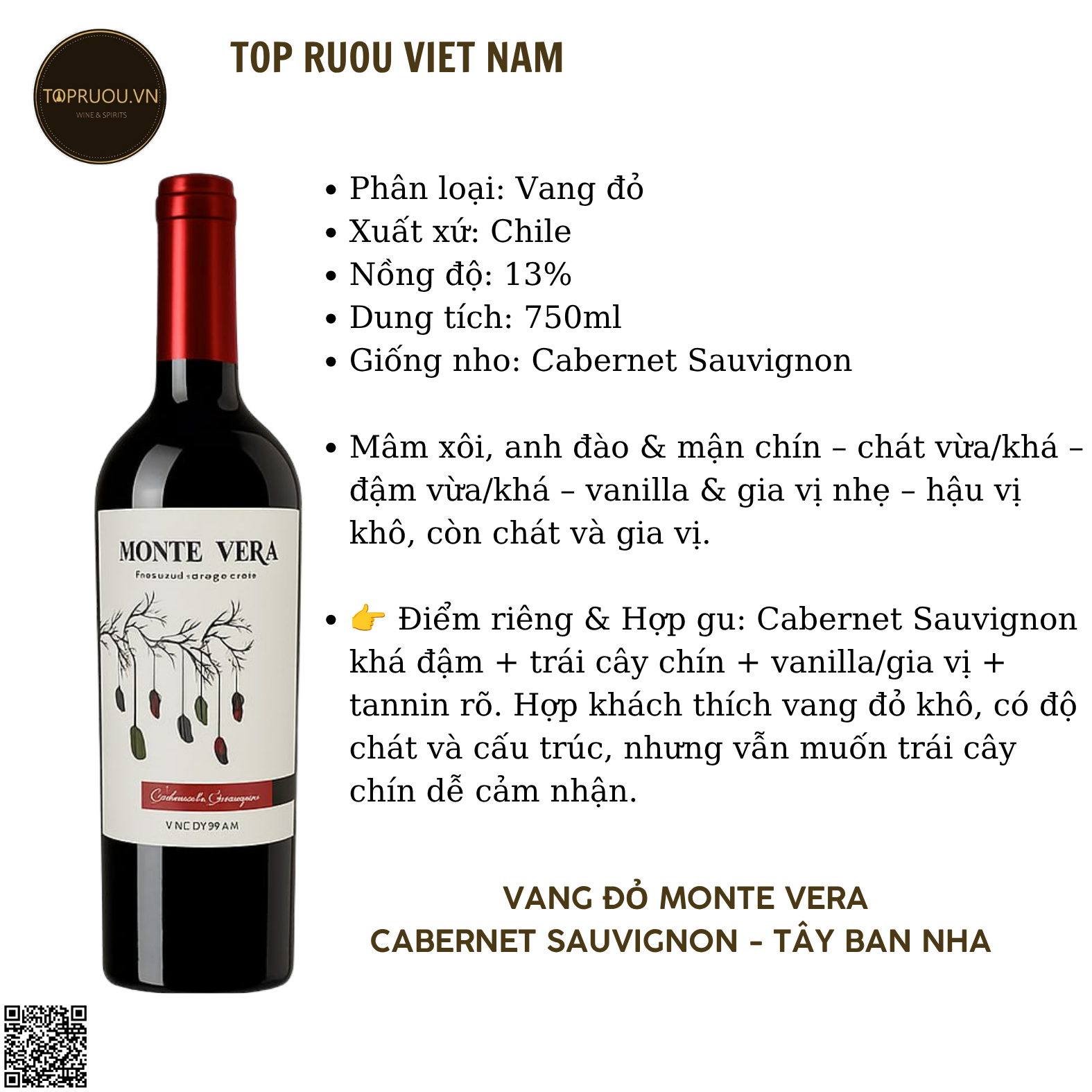 Rượu Vang Đỏ Monte Vera - Tây Ban Nha - Cabernet Sauvignon - 13,5% - 750ml