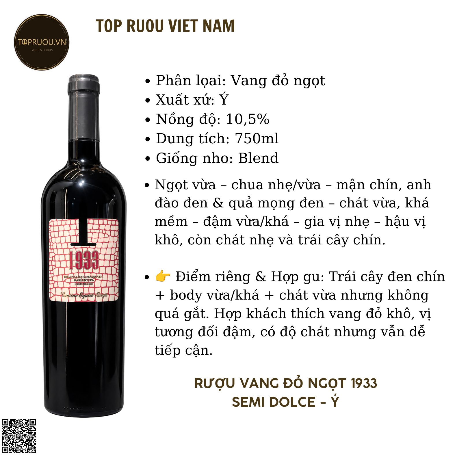 Rượu Vang Đỏ Ngọt 1933 Semi Dolce - Ý - Blended - 10.5% - 750ml