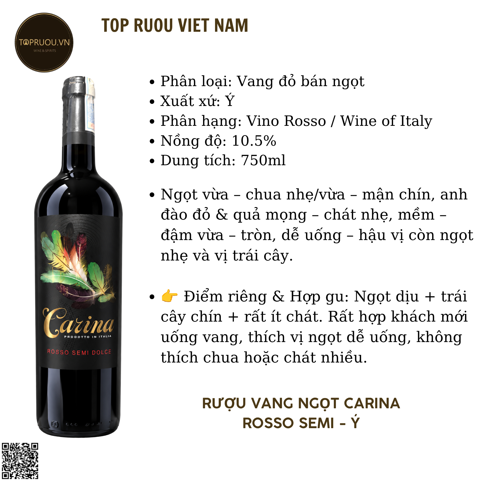 Rượu Vang Đỏ Ngọt Carina Semidolce - Ý - Blend - 10.5% - 750ml