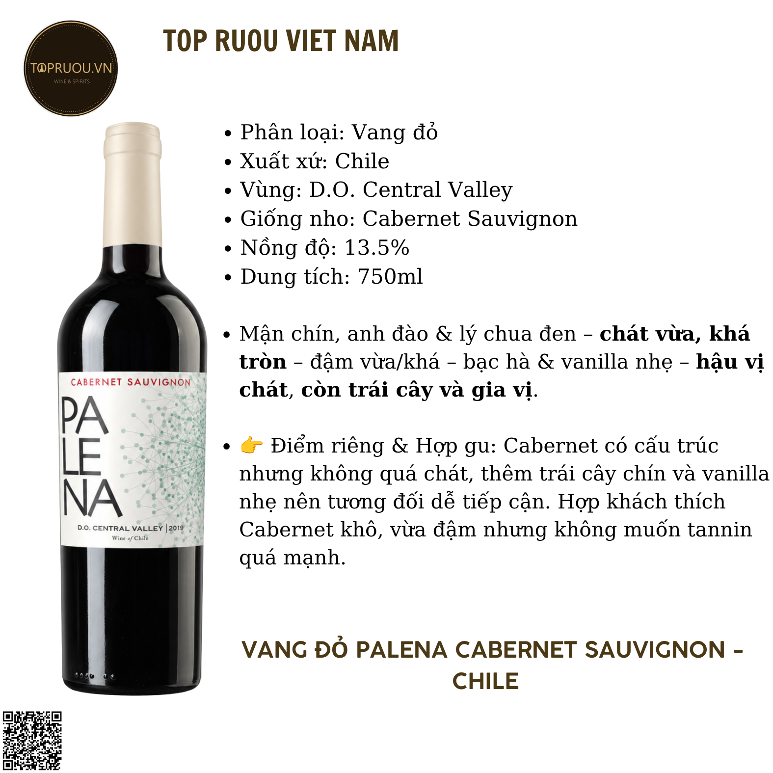 Rượu Vang Đỏ Palena Cabernet Sauvignon - Chile - Cabernet Sauvignon - 13,5% - 750ml