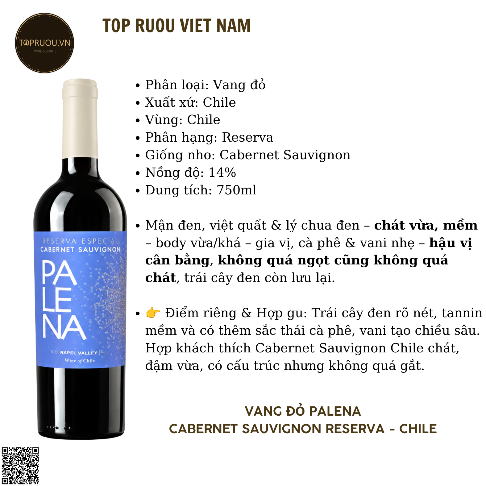 Rượu Vang Đỏ Palena Cabernet Sauvignon Reserva - Chile - Cabernet Sauvignon - 14% - 750ml