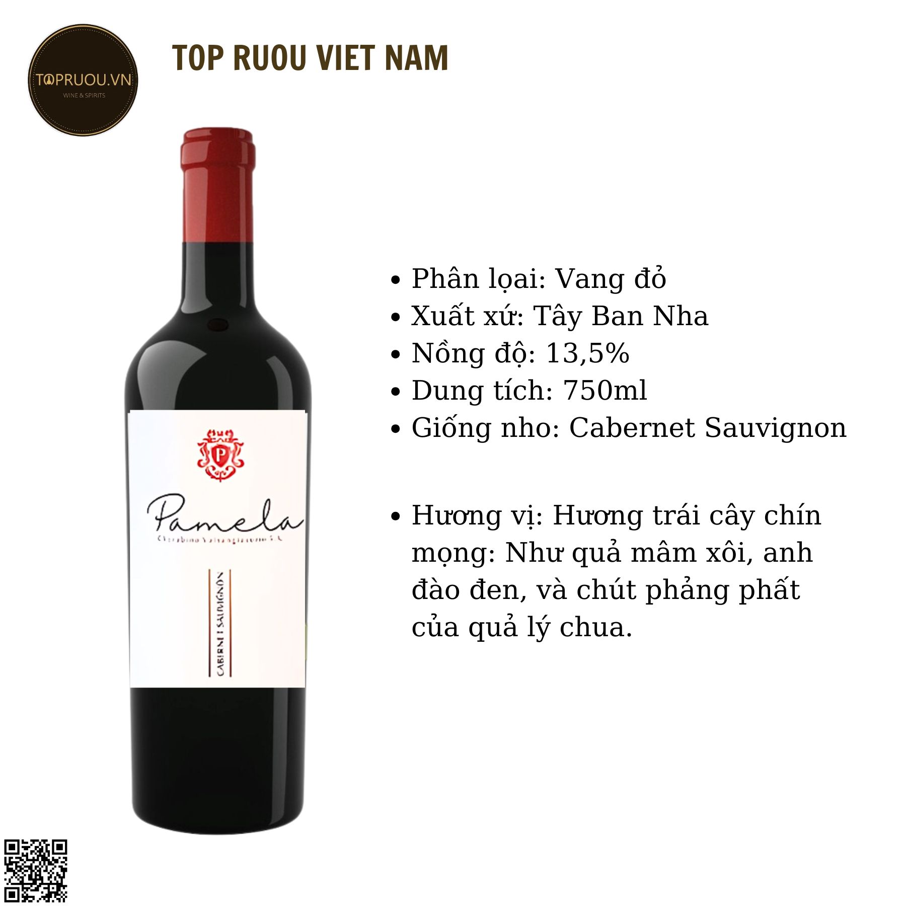 Rượu Vang Đỏ Pamela - Tây Ban Nha - Cabernet Sauvignon - 13,5% - 750ml