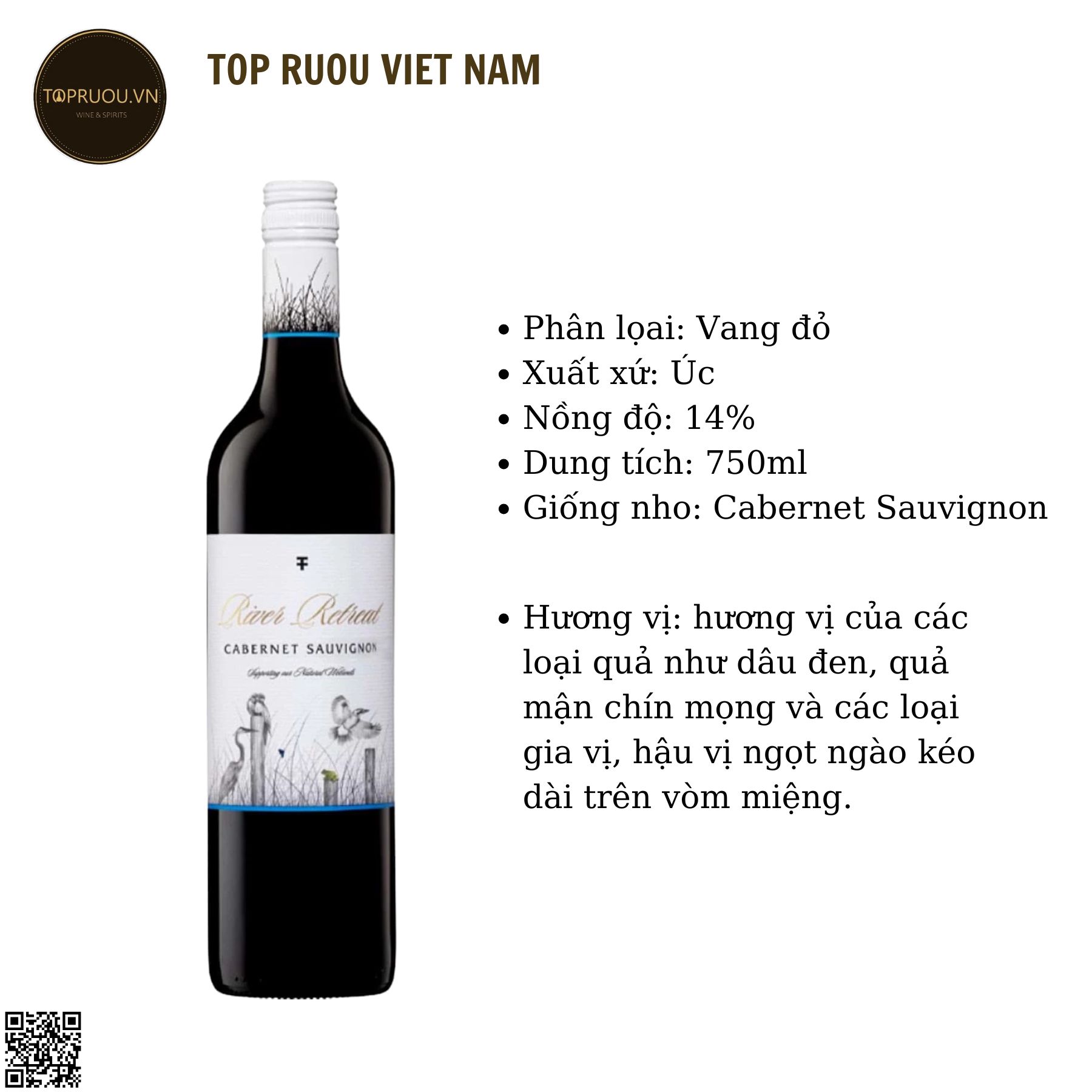 Rượu Vang Đỏ River Retreat - Úc - Cabernet Sauvignon - 14% - 750ml