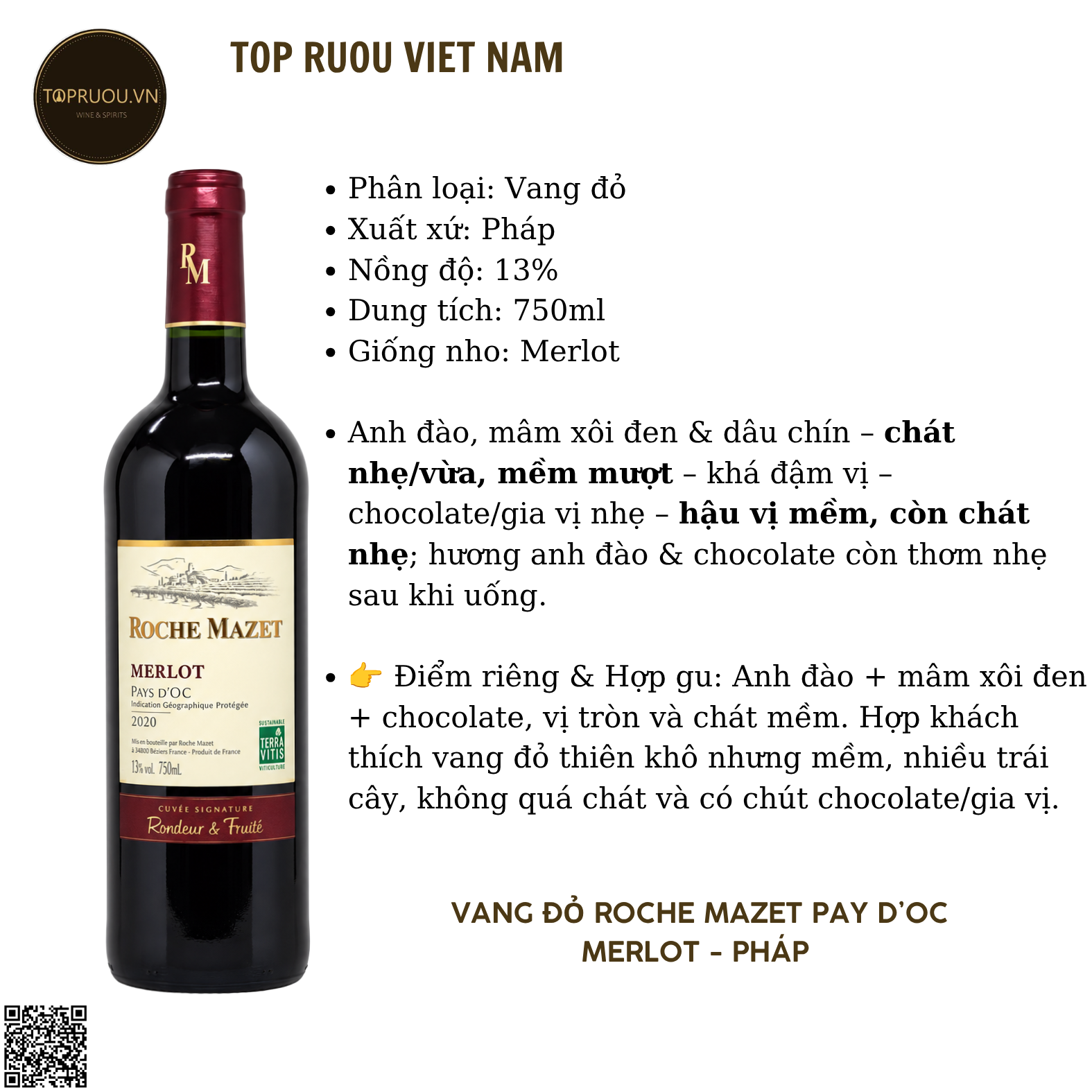 Rượu Vang Đỏ Roche Mazet - Pháp - Merlot - 13% - 750ml