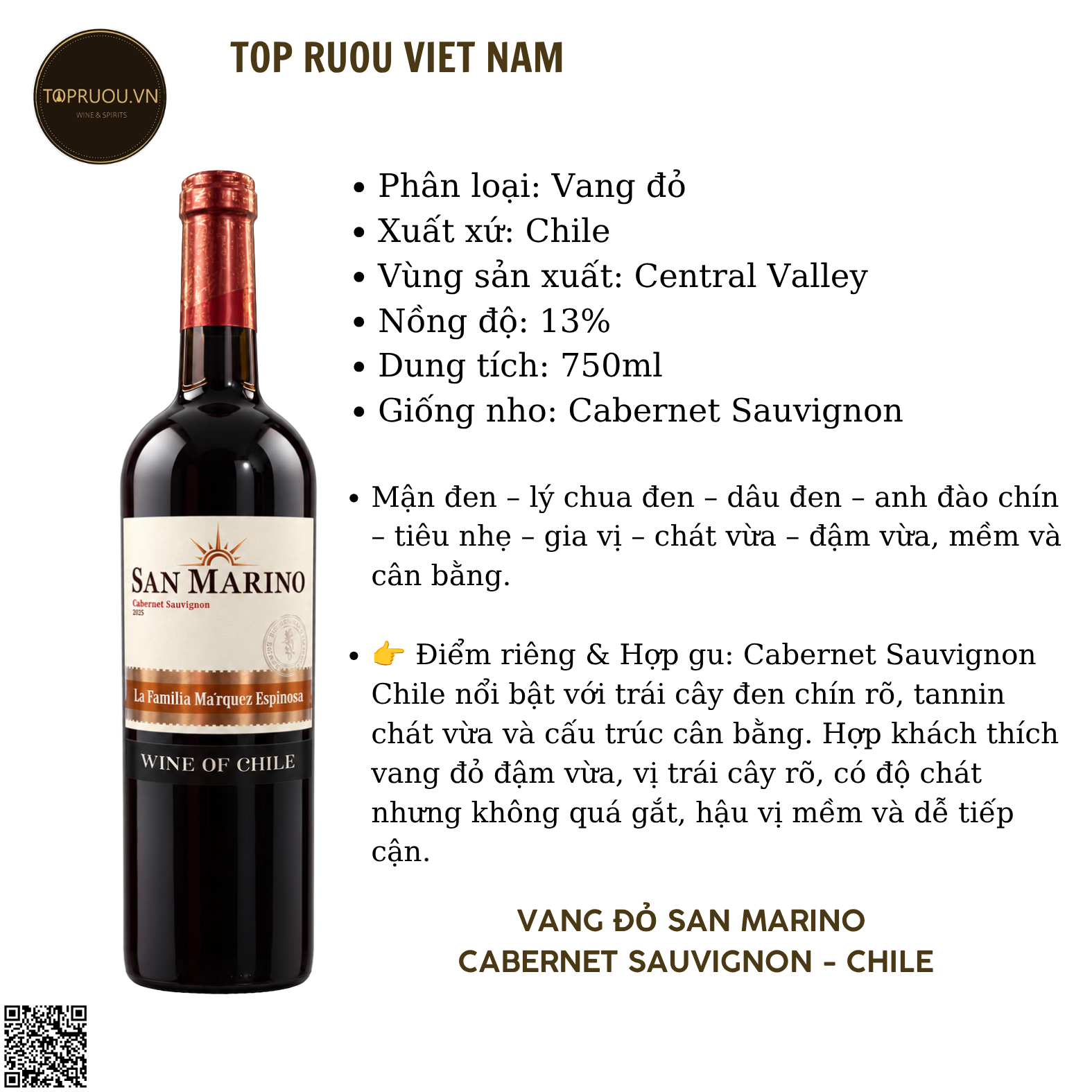 Rượu Vang Đỏ San Marino - Chile - Cabernet Sauvignon - 13% - 750ml