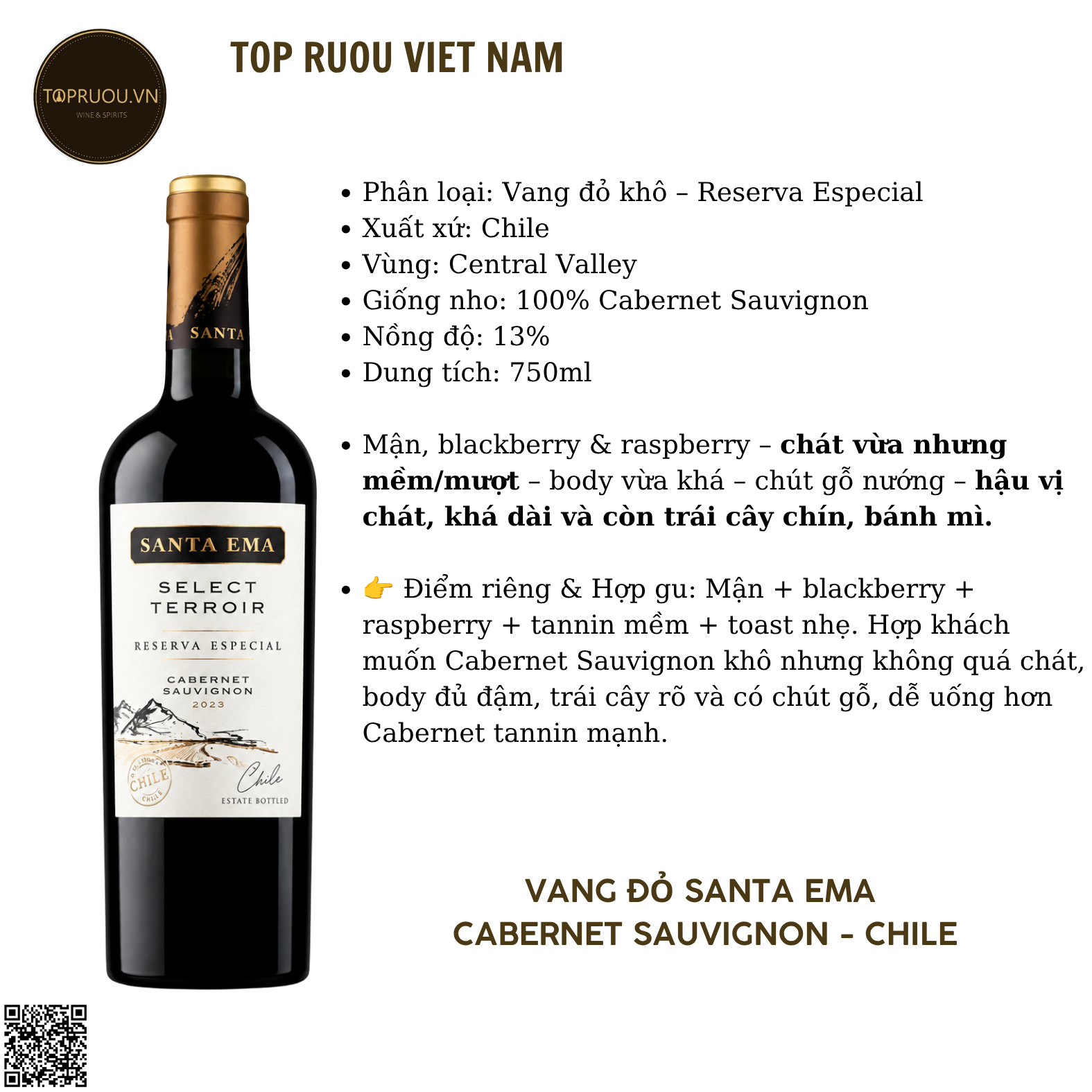 Rượu Vang Đỏ Santa Ema - Chile - Cabernet Sauvignon - 13% - 750ml