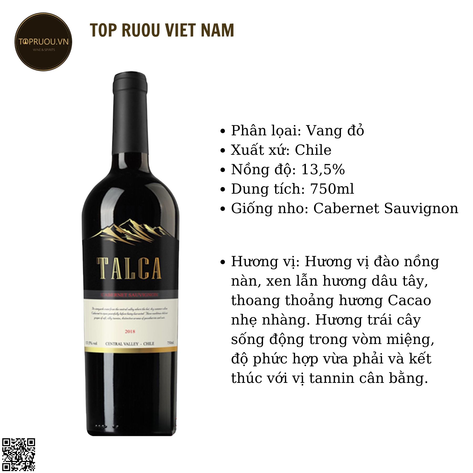 Rượu Vang Đỏ Talca - Cabernet Sauvignon - 750ml - 13.5% - Chile