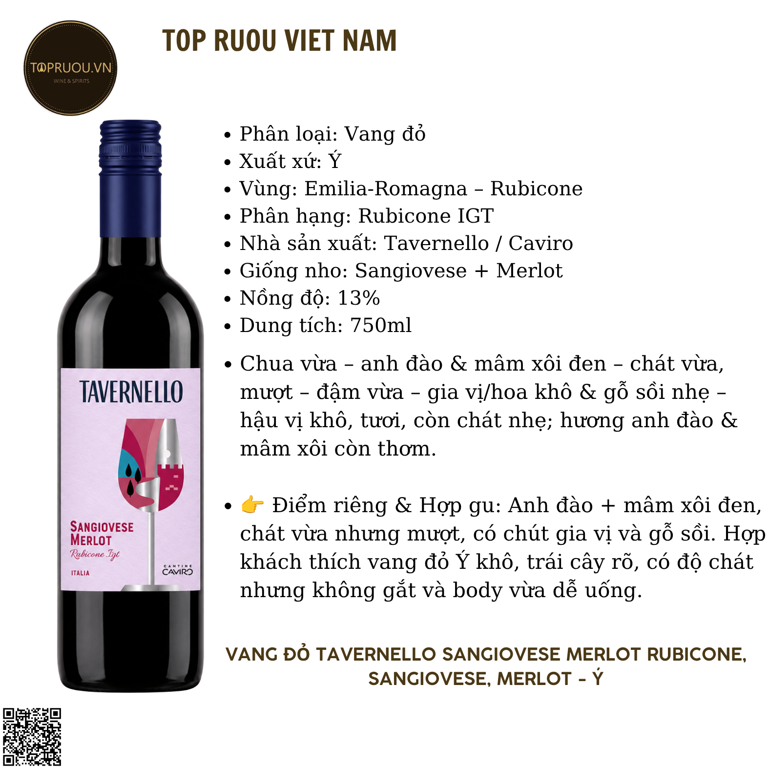 Rượu Vang Đỏ Tavernello Rubicone - Ý - Sangiovese, Merlot - 13% - 750ml