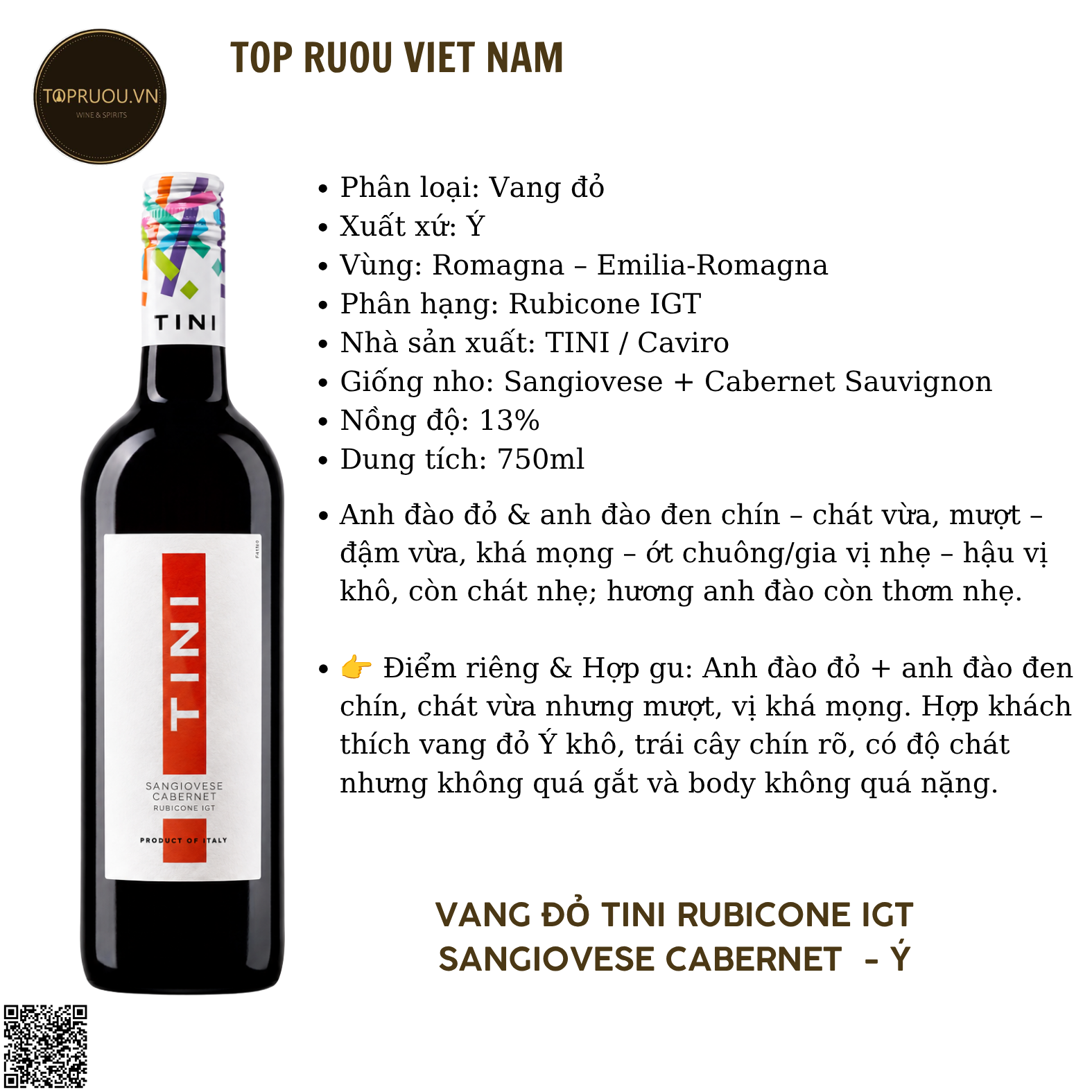 Rượu Vang Đỏ Tini Sangiovese Cabernet Rubicone - Ý - Sangiovese Cabernet - 13% - 750ml
