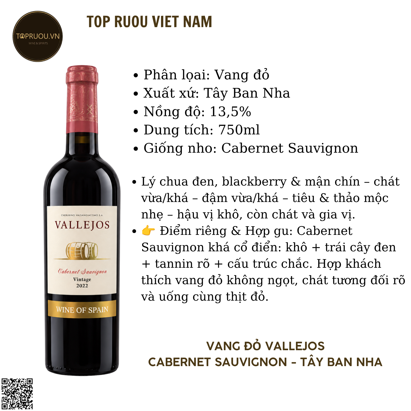 Rượu Vang Đỏ Vallejos - Tây Ban Nha - Cabernet Sauvignon - 13,5% - 750ml