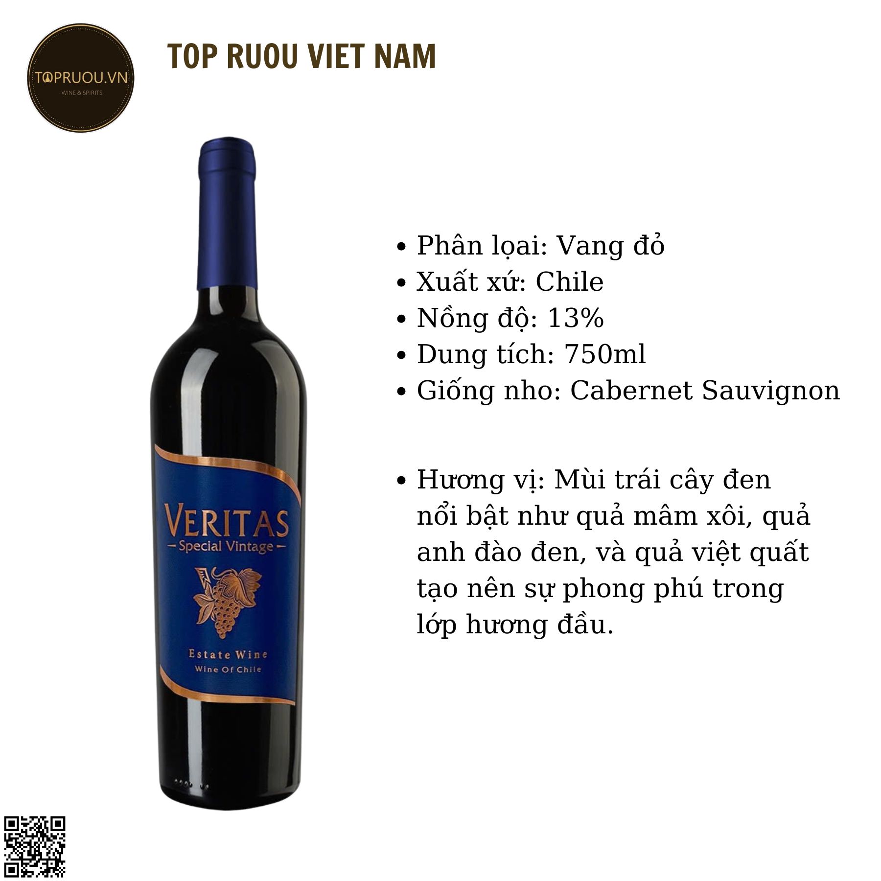 Rượu Vang Đỏ Veritas Special Vintage - Cabernet Sauvignon - 750ml - 13% - Chile