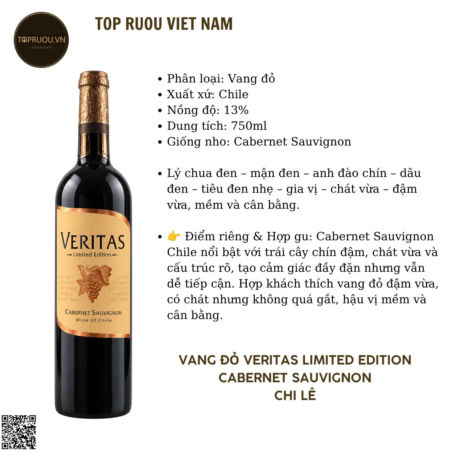 Rượu Vang Đỏ Veritas Limited Edition - Cabernet Sauvignon - 750ml - 13% - Chile