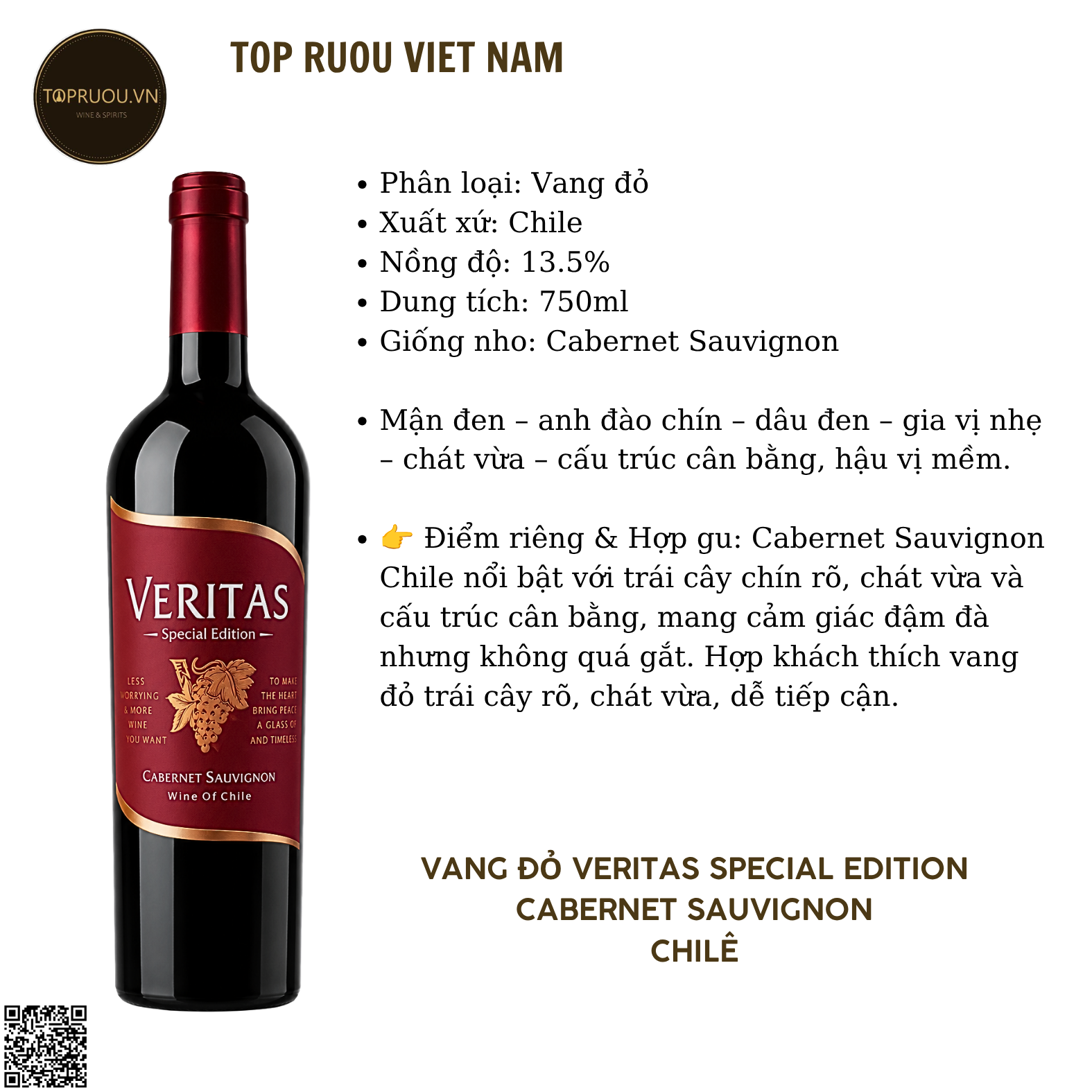 Rượu Vang Đỏ Veritas Special Edition - Cabernet Sauvignon - 750ml - 13.5% - Chile