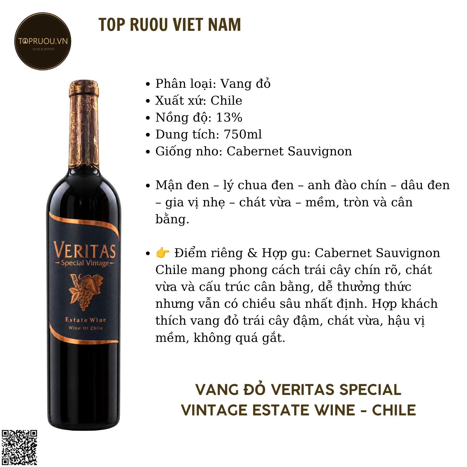 Rượu Vang Đỏ Veritas Special Vintage - Cabernet Sauvignon - 750ml - 13% - Chile