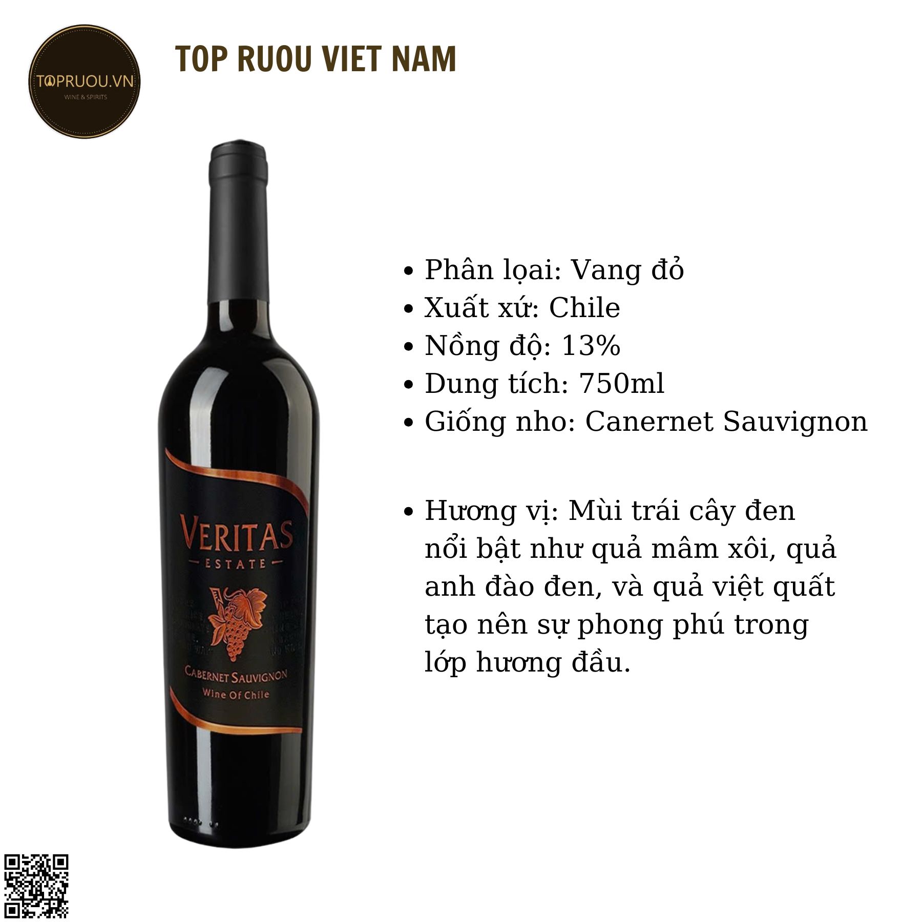 Rượu Vang Đỏ Veritas Estate - Cabernet Sauvignon - 750ml - 13% - Chile
