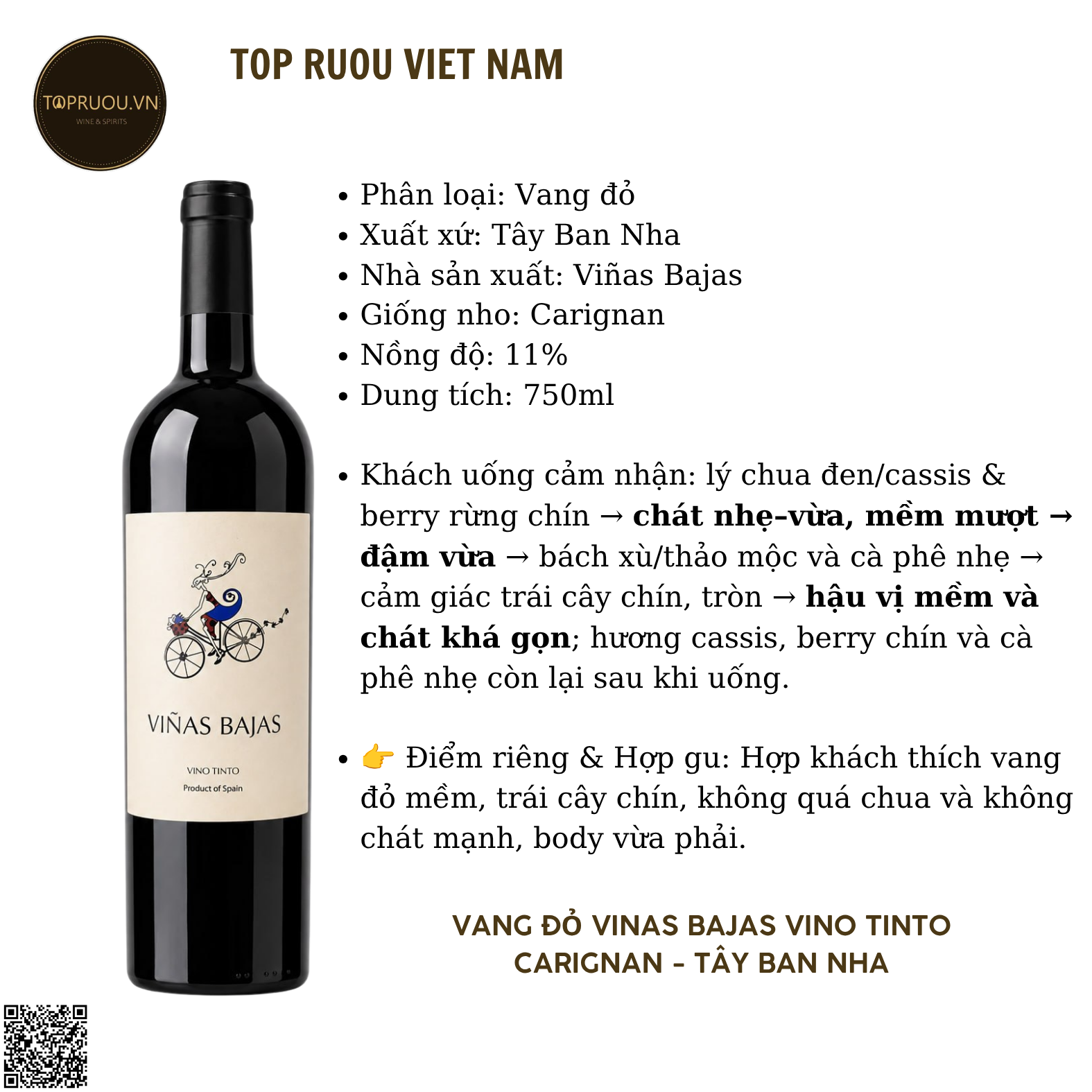 Rượu Vang Đỏ Vinas Bajas Vino Tinto Carignan - Tây Ban Nha - Carignan - 11% - 750ml
