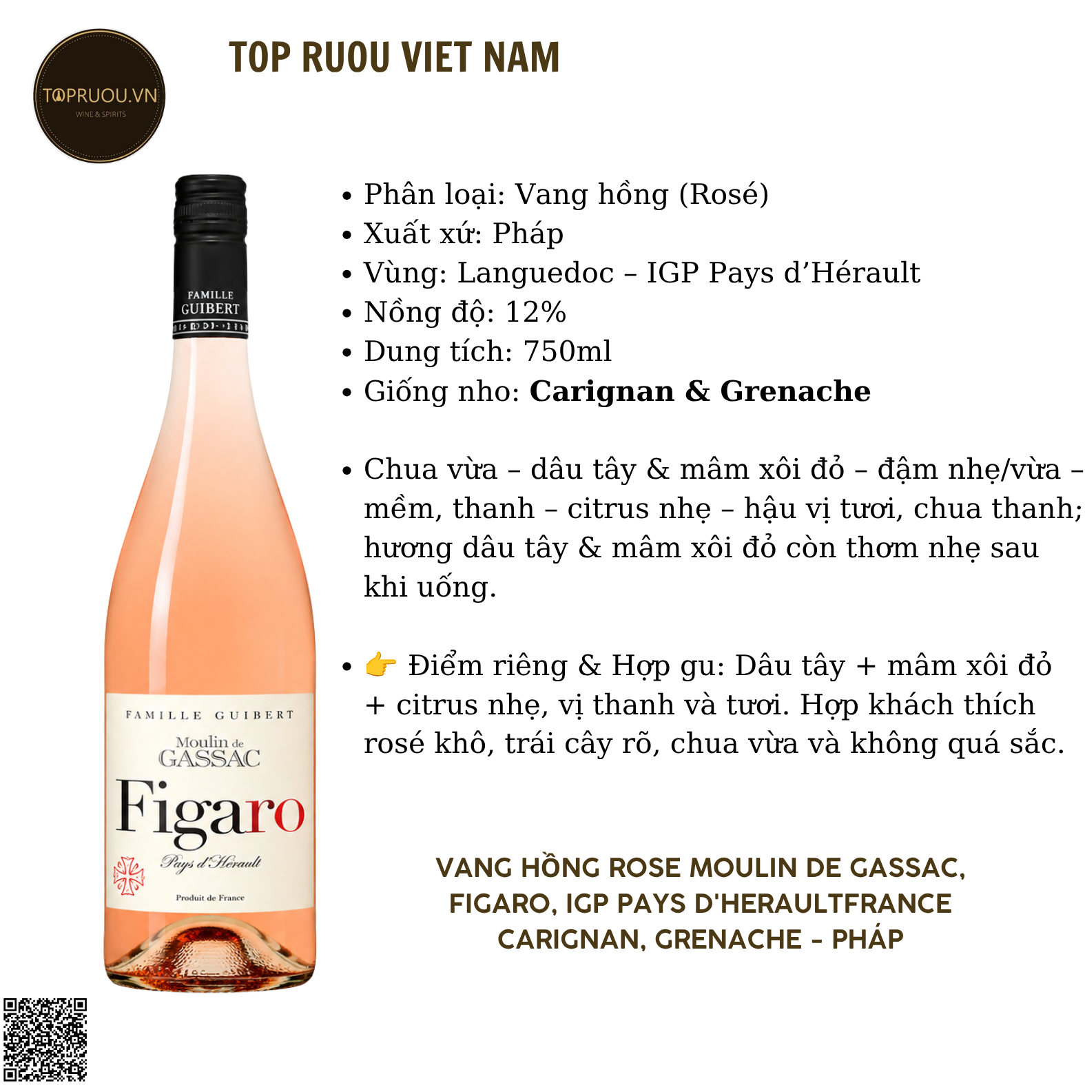 Rượu Vang Hồng Rose Moulin de Gassac, Figaro, IGP Pays d'Herault France - Pháp - Carignan, Grenache - 12% - 750ml