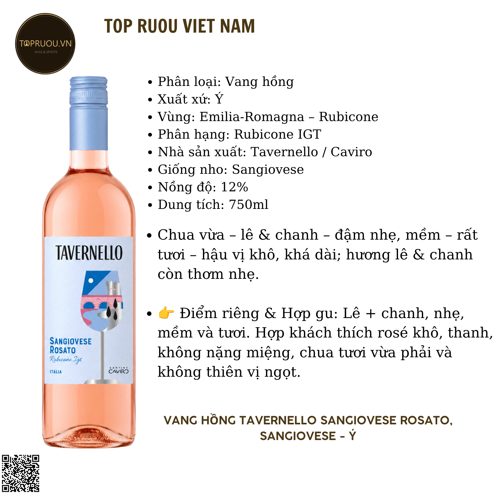 Rượu Vang Hồng Tavernello Rosato Rubicone - Ý - Sangiovese - 12% - 750ml