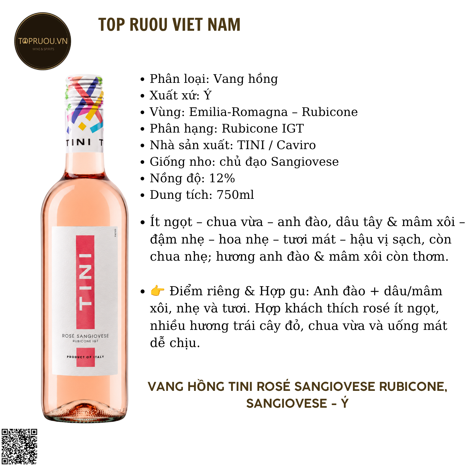 Rượu Vang Hồng Tini Rose Sangiovese Rubicone - Ý - Sangiovese - 12% - 750ml