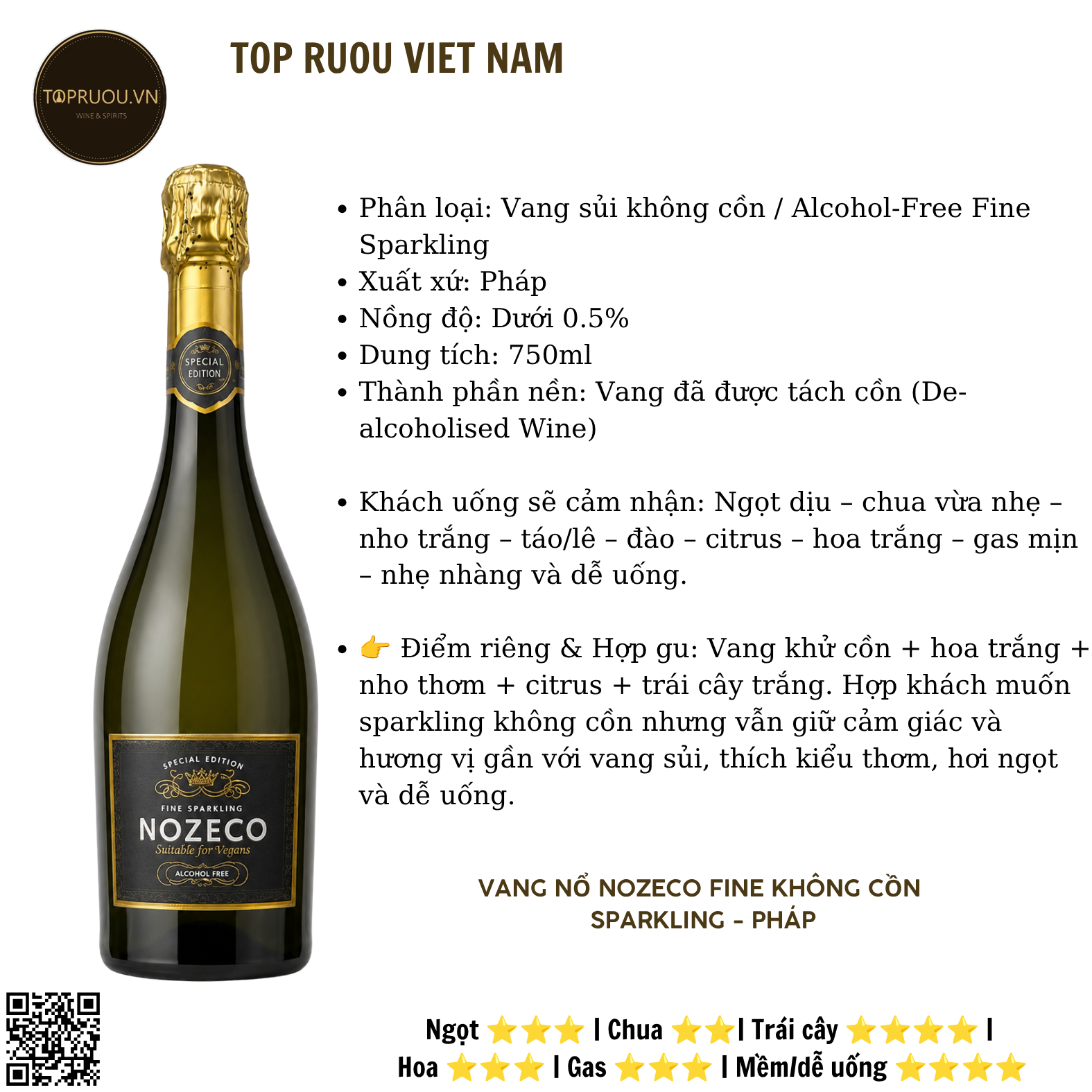Vang Nổ Nozeco Fine Sparkling - Pháp - Blended - 0% - 750ml