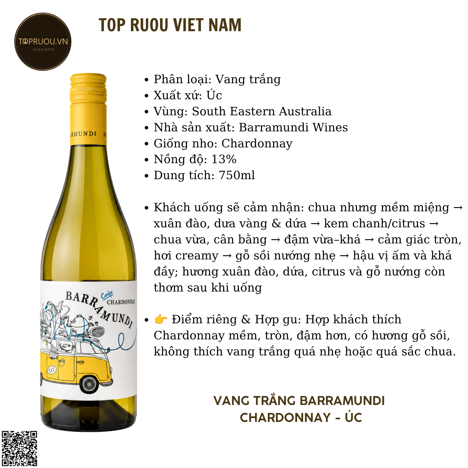 Rượu Vang Trắng Barramundi - Úc - Chardonnay - 14% - 750ml