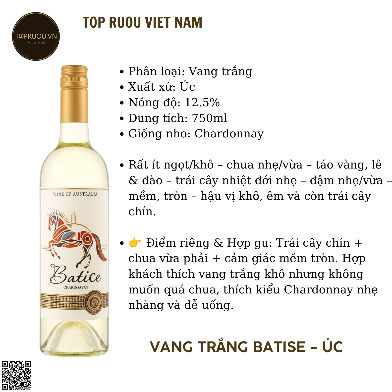 Rượu Vang Trắng Batise - Úc - Blended - 13% - 750ml