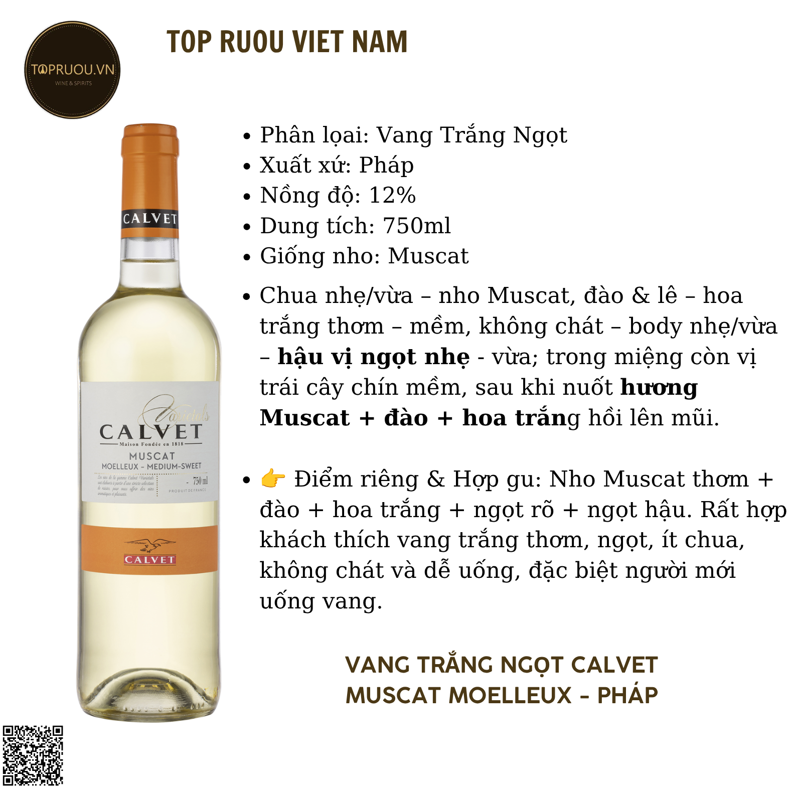 Rượu Vang Ngọt Trắng Calvet Muscat Moelleux - Medium Sweet - Pháp - Muscat - 12% - 750ml