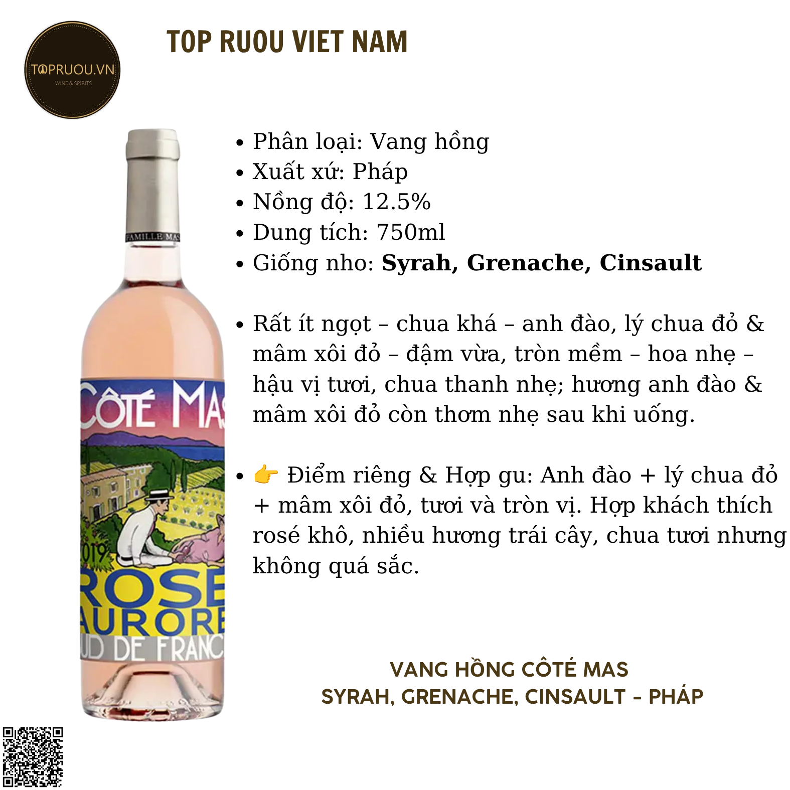 Rượu Vang Hồng Cote Mas Rose Aurore - Pháp - Syrah, Grenache, Cinsault - 12.5% - 750ml