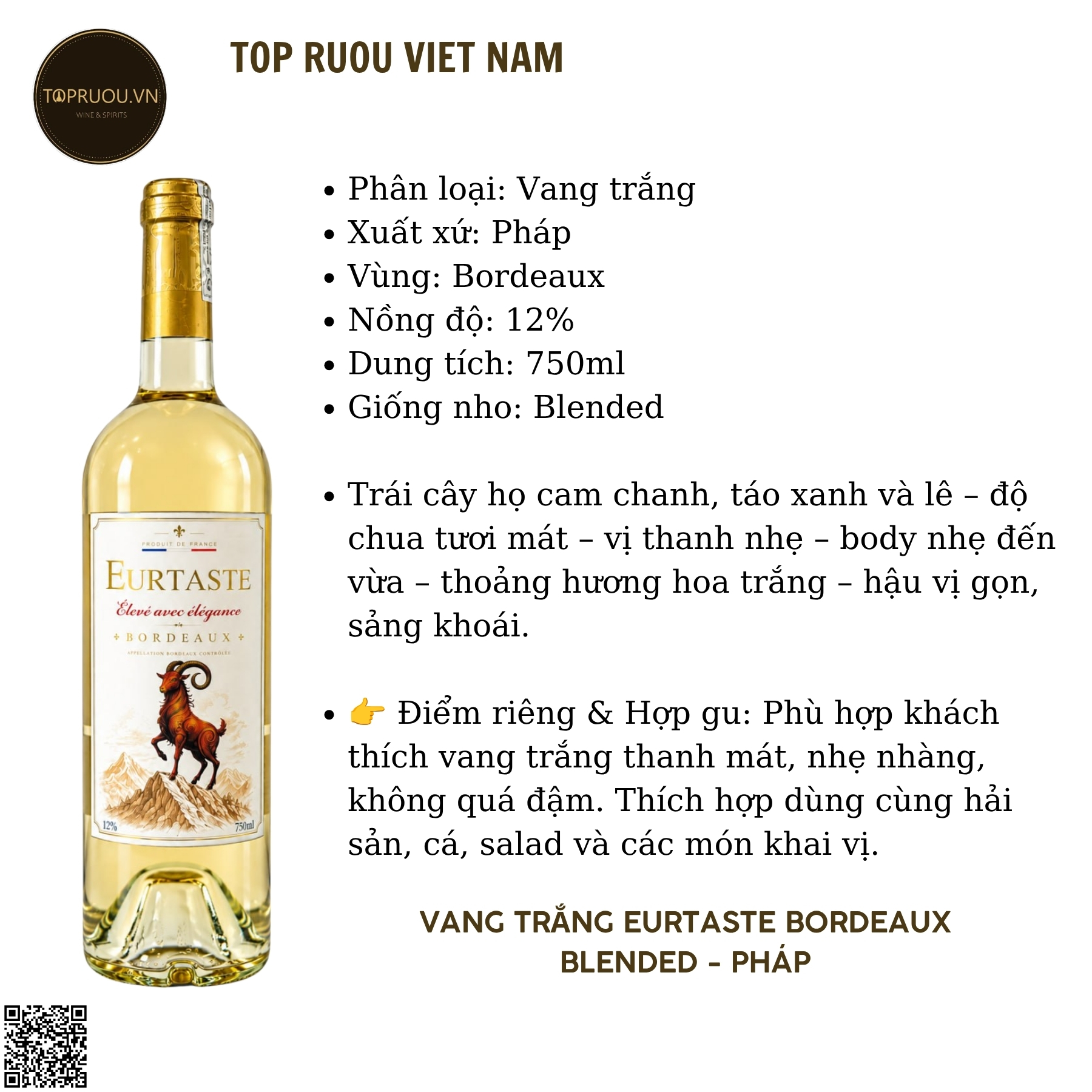 Rượu Vang Trắng Eurtaste Bordeaux - Pháp - Blended - 12% - 750ml