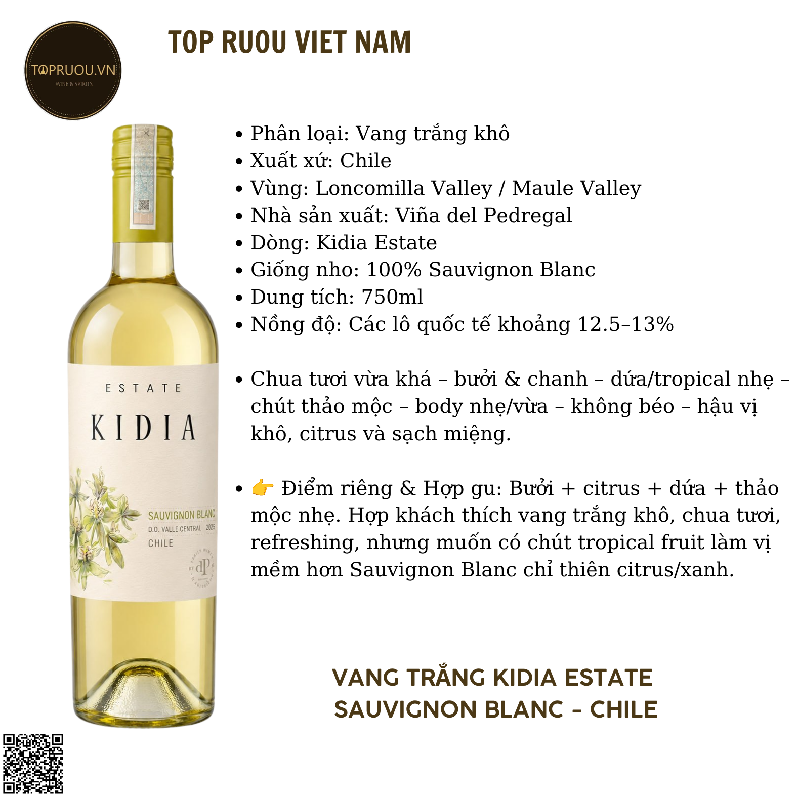 Rượu Vang Trắng Kidia Classico - Chile - Sauvignon Blanc - 12,5% - 750ml