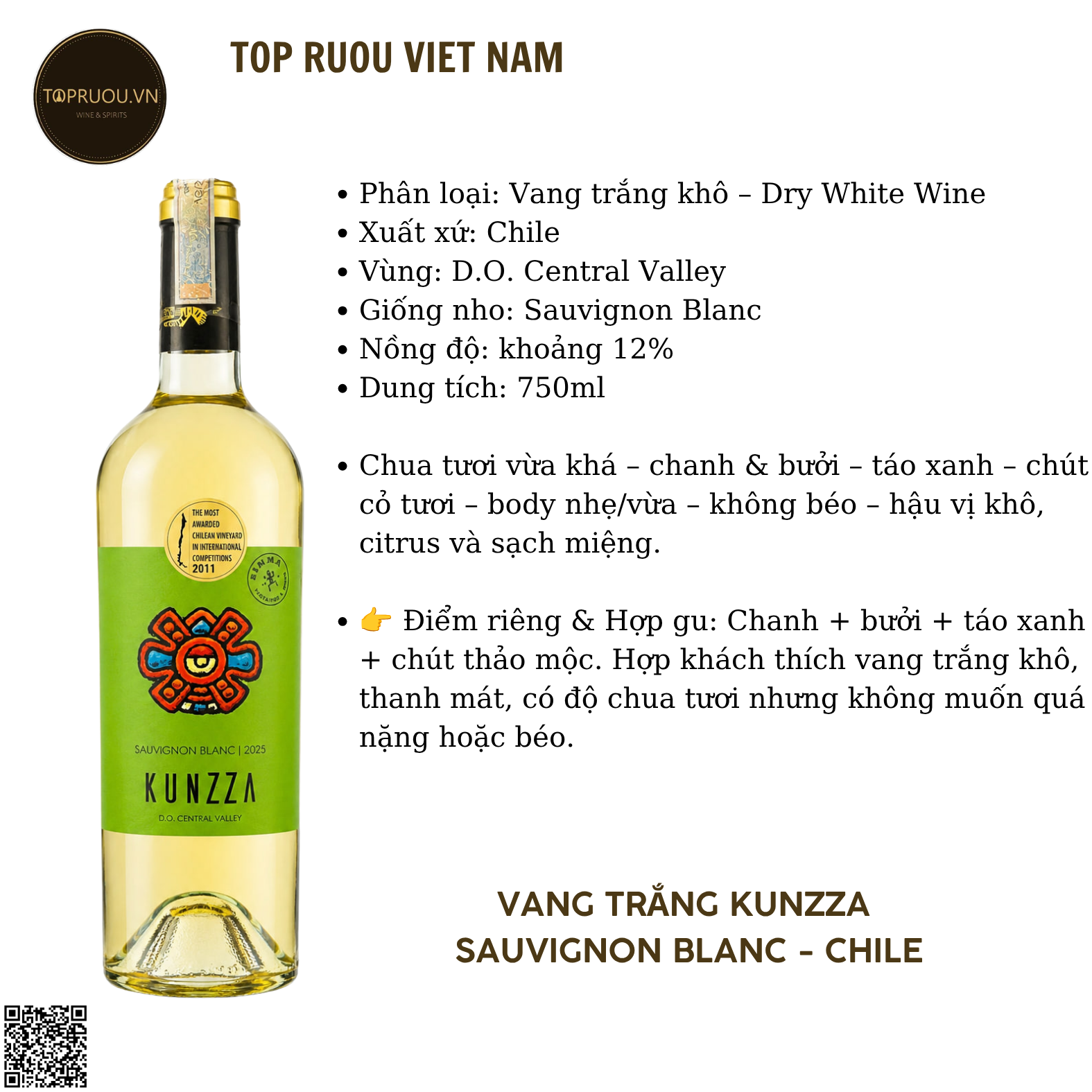 Rượu Vang Trắng Kunzza - Chile - Sauvignon Blanc - 12% - 750ml