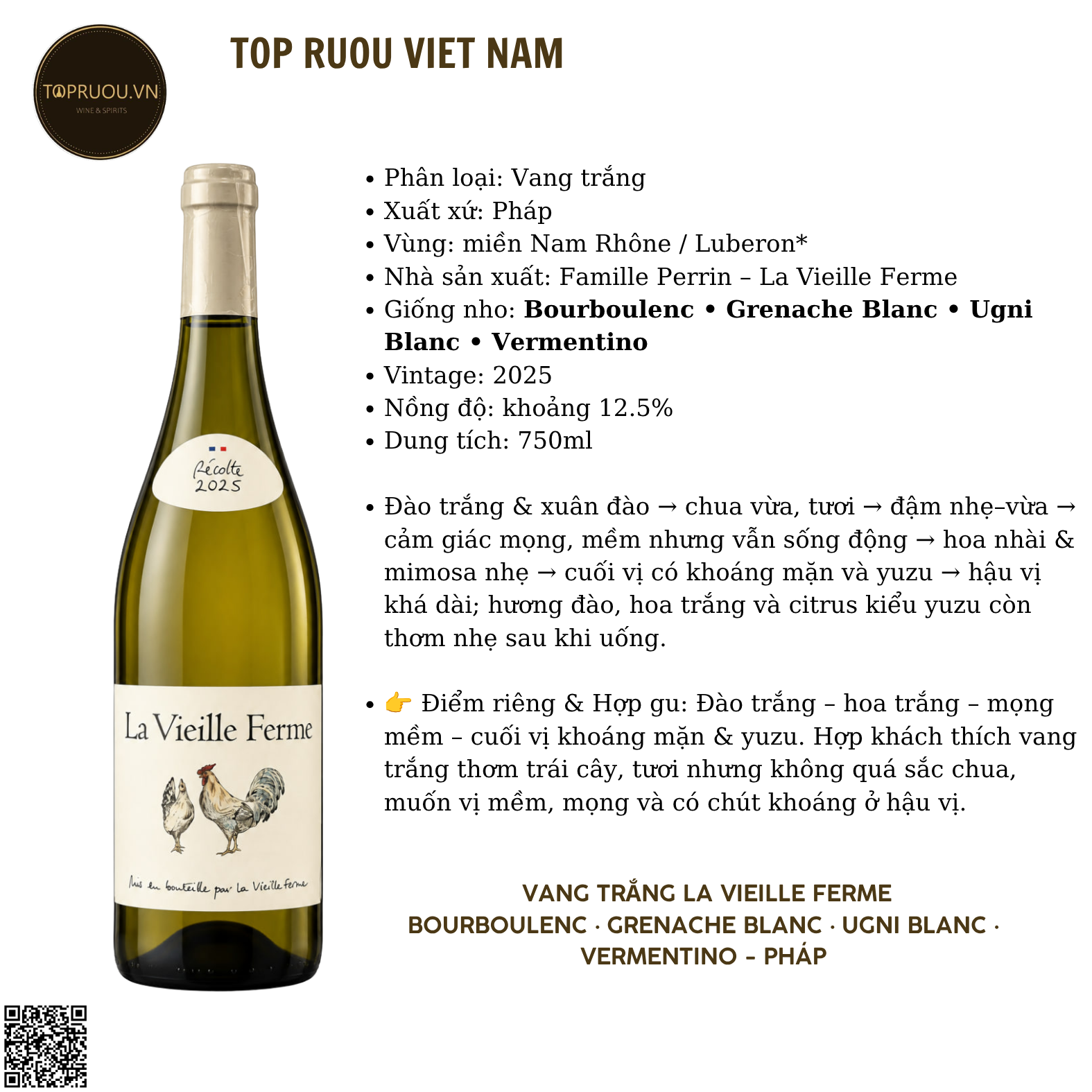 Rượu Vang Trắng La Vieille Ferme - Pháp - Blend - 12,5% - 750ml