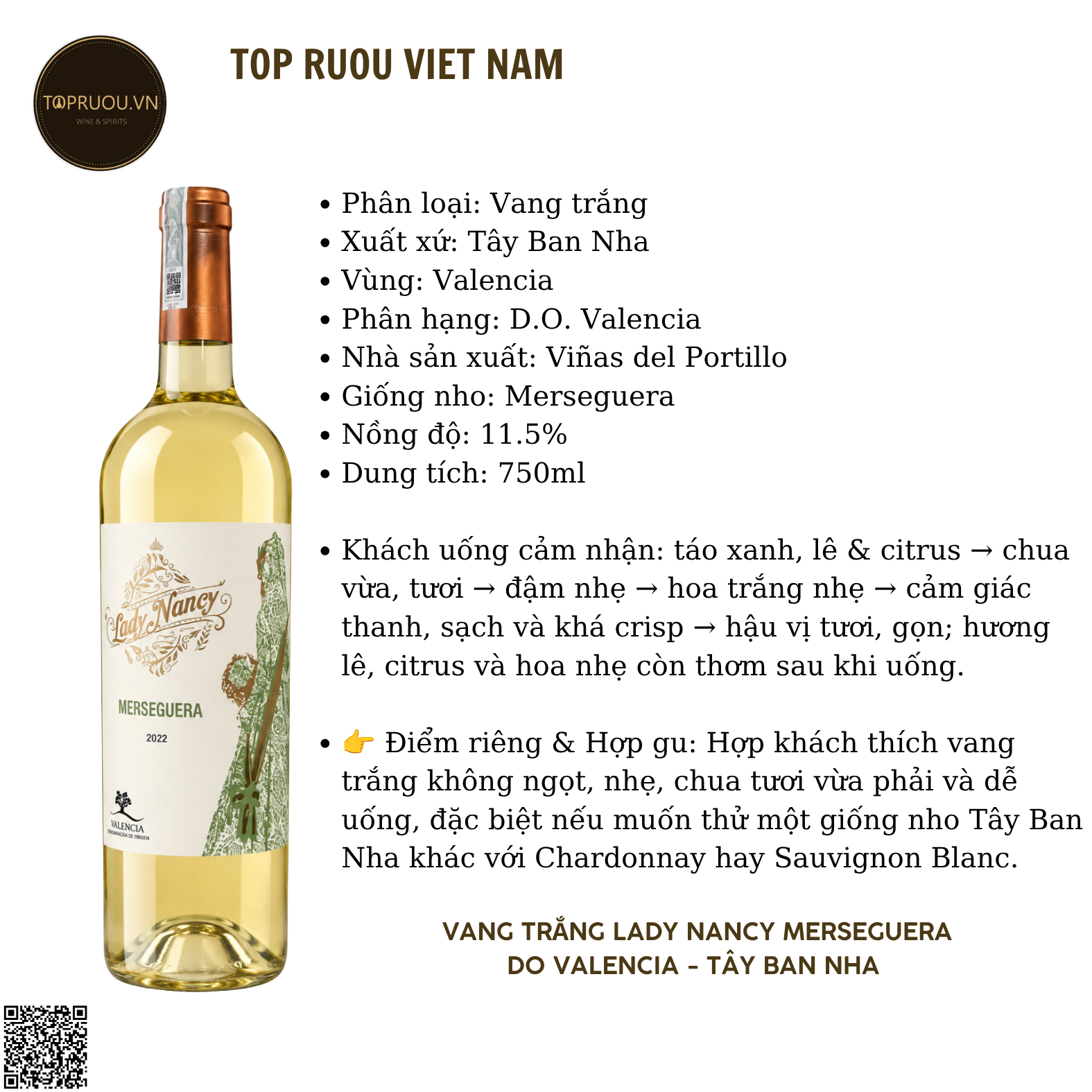 Rượu Vang Trắng Lady Nancy Merseguera DO Valencia - Tây Ban Nha - Merseguera - 11.5% - 750ml