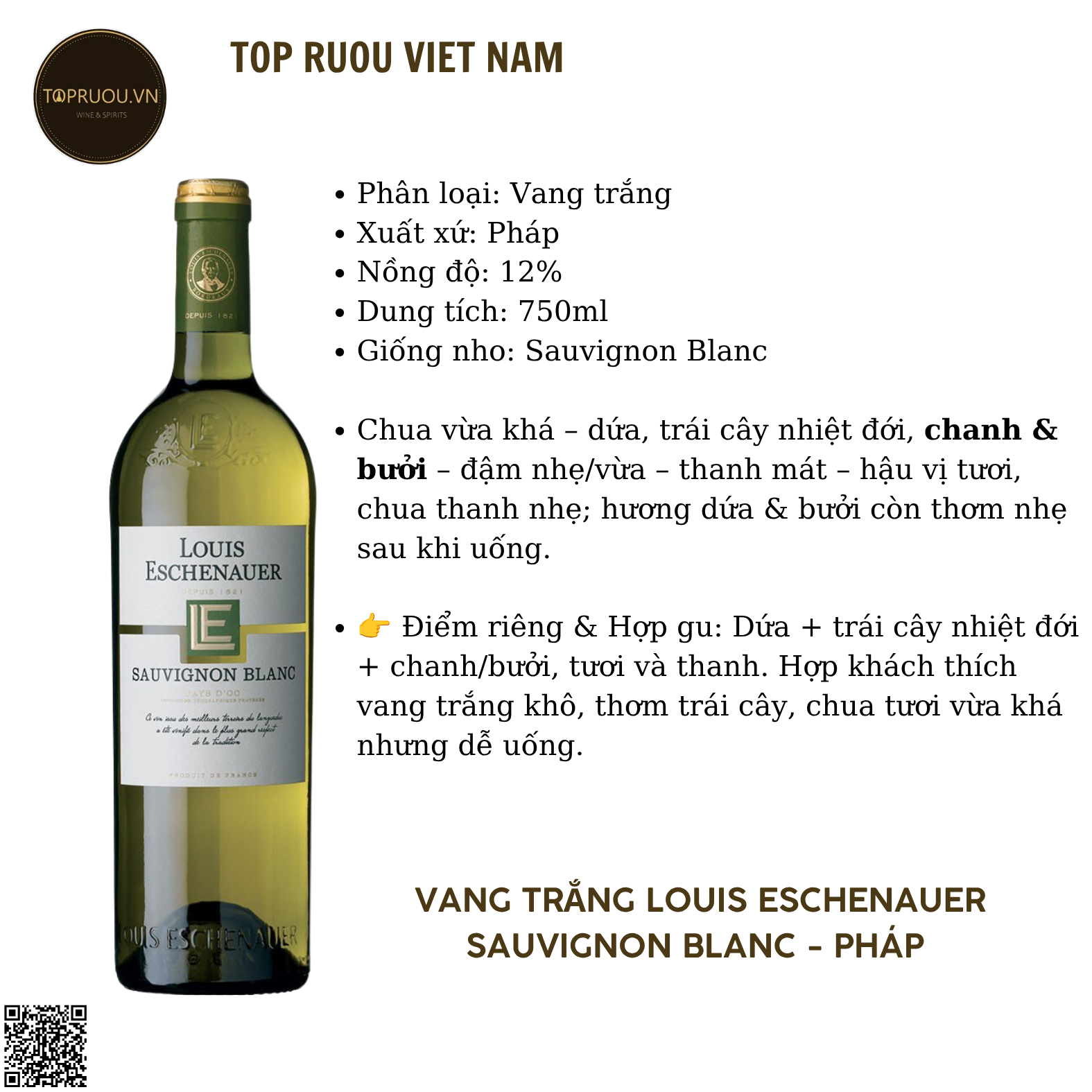 Rượu Vang Trắng Louis Eschenauer - Pháp - Sauvignon Blanc - 12% - 750ml