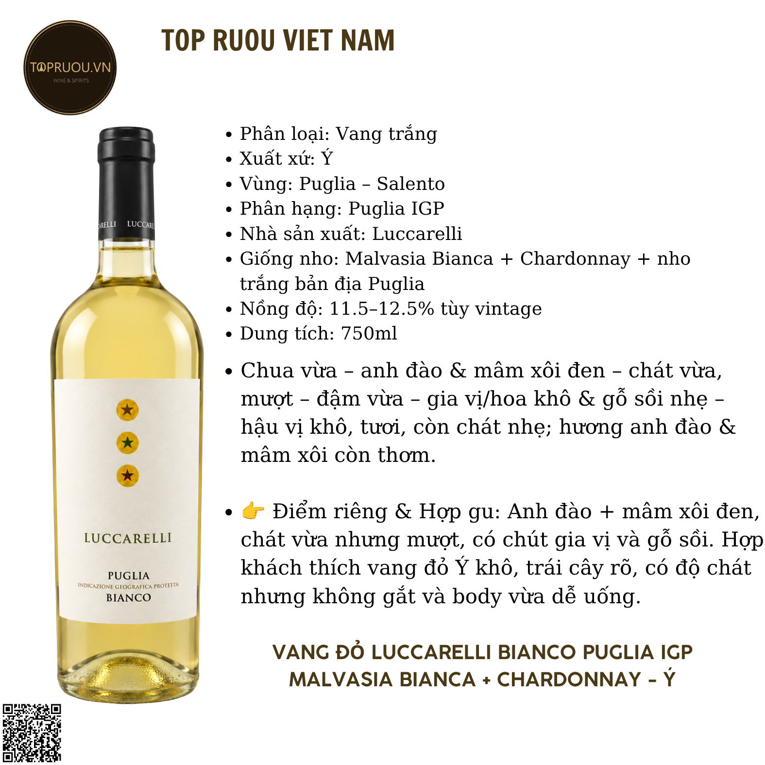 Rượu Vang Trắng Luccarelli Bianco - Ý - Malvasia Bianca, Verdeca, Chardonnay - 12% - 750ml