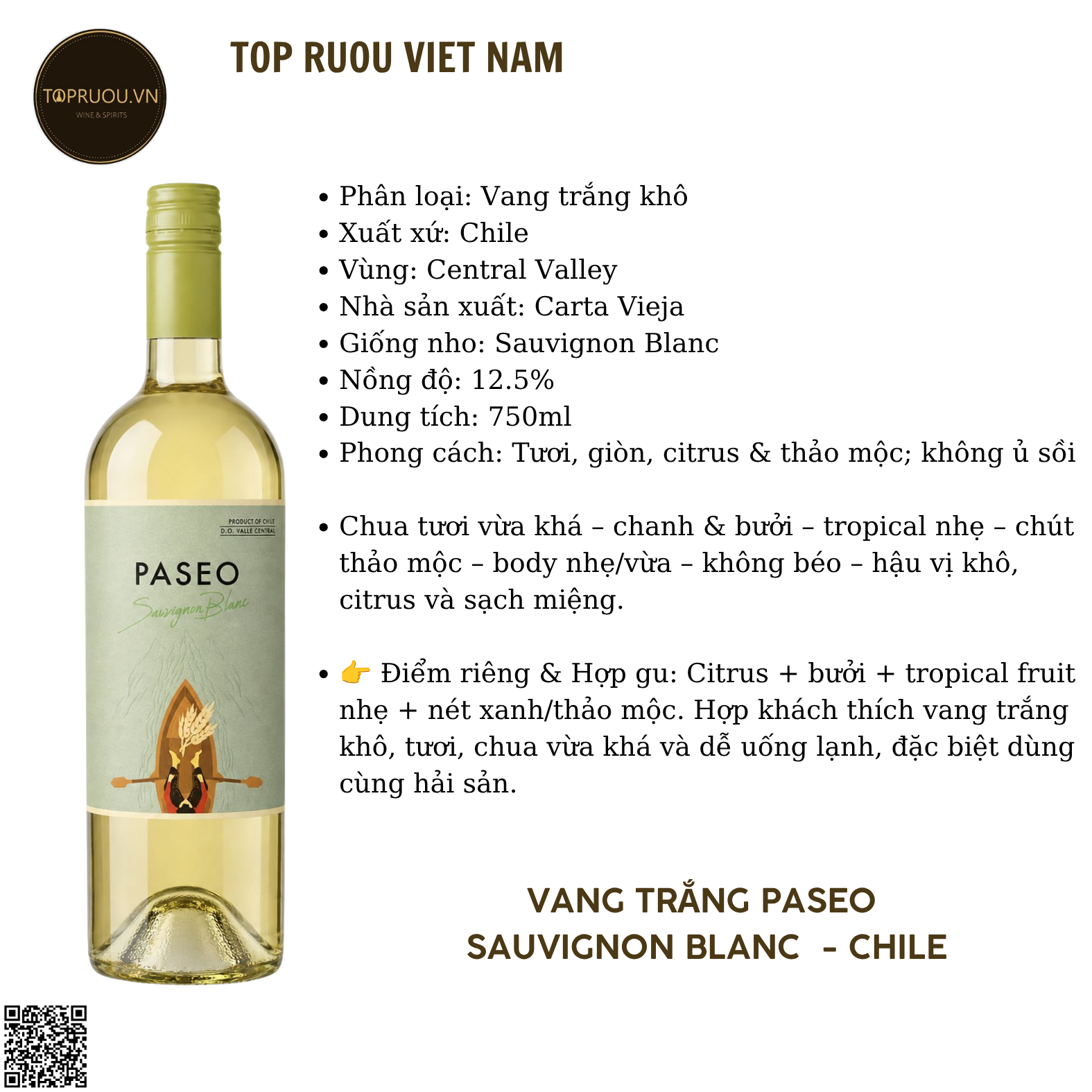 Rượu Vang Trắng Paseo - Chile - Sauvignon Blanc - 12,5% - 750ml