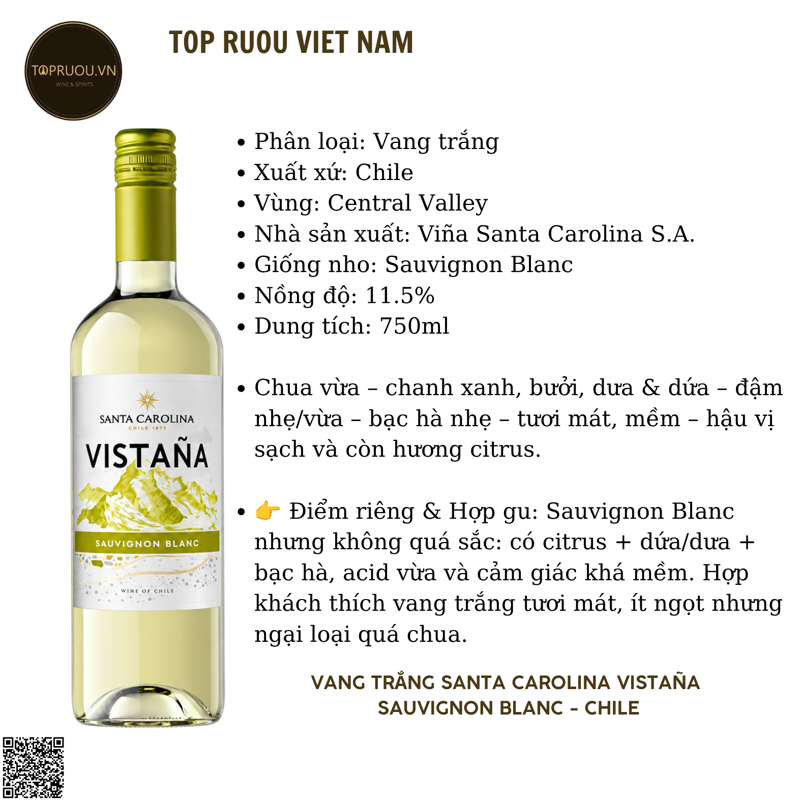 Rượu Vang Trắng Santa Carolina Vistana - Chile - Sauvignon Blanc - 11,5% - 750ml