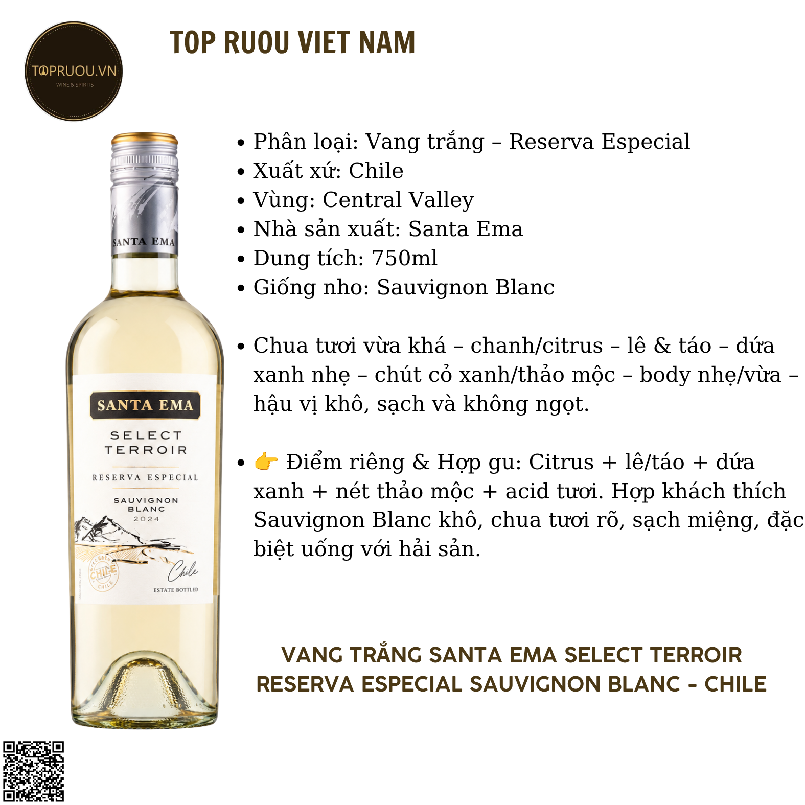 Rượu Vang Trắng Santa Ema - Chile - Sauvignon Blanc - 12.5% - 750ml