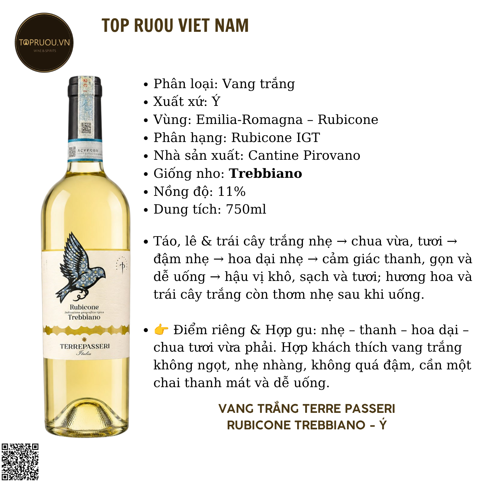 Rượu Vang Trắng Terre Passeri Rubicone Trebbiano - Ý - Trebbiano - 11% - 750ml