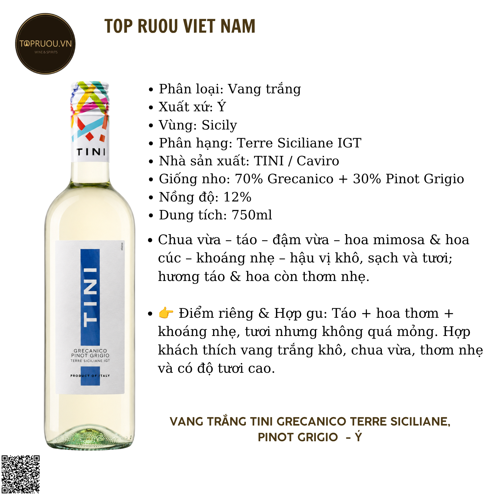 Rượu Vang Trắng Tini Grecanico Pinot Grigio Terre Siciliane - Ý - Grecanico, Pinot Grigio - 12% - 750ml