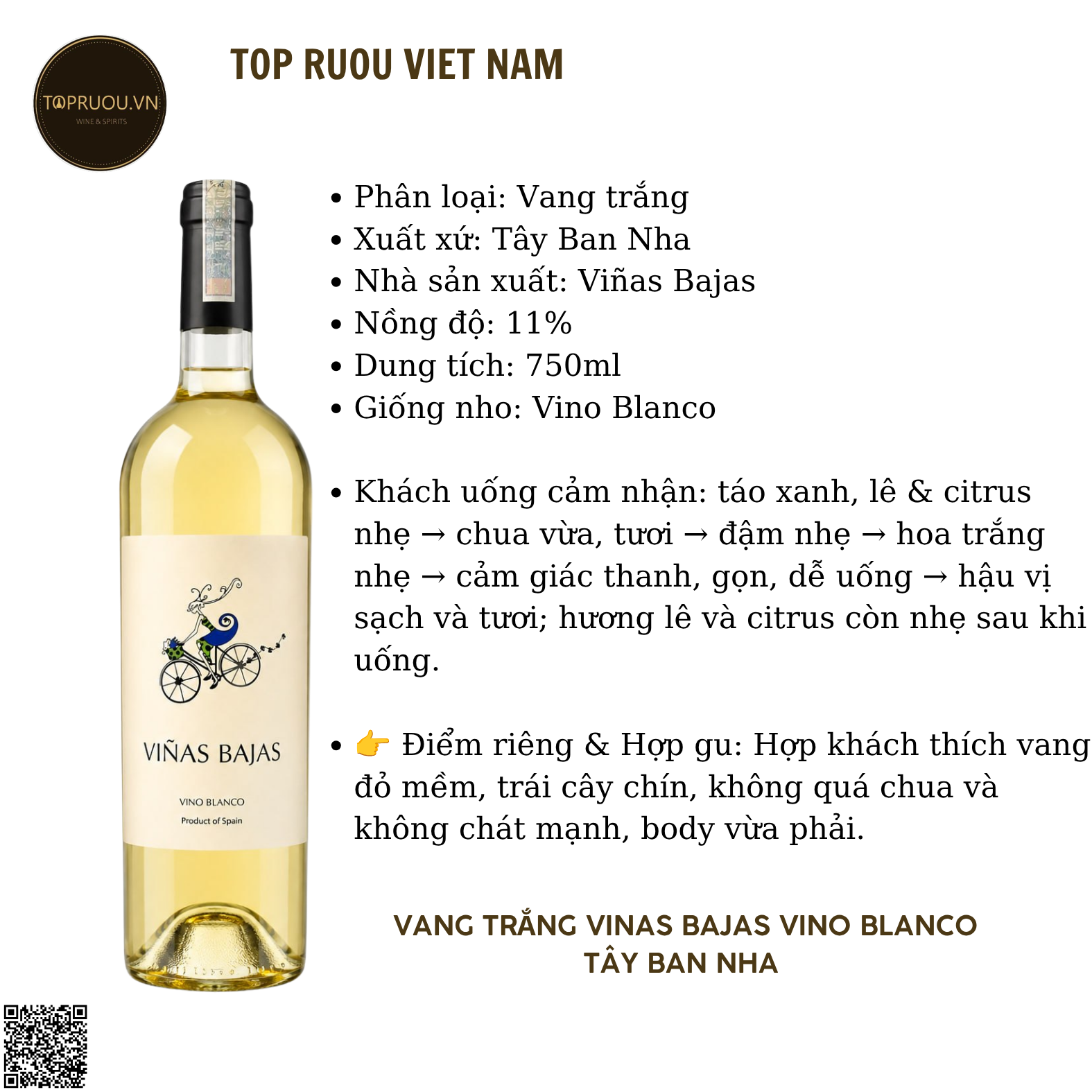 Rượu Vang Trắng Vinas Bajas Vino Blanco - Tây Ban Nha - Blanco - 11% - 750ml