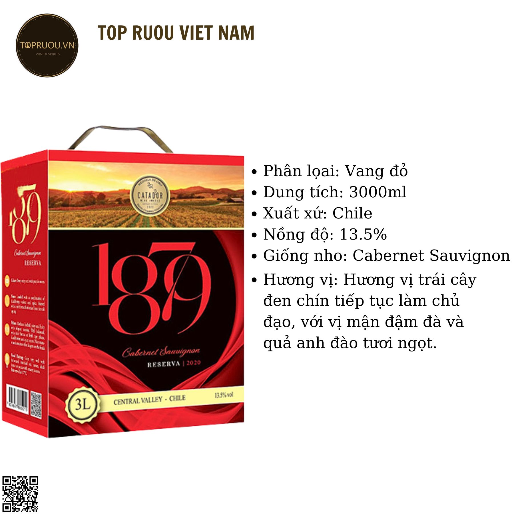 Rượu Vang Túi 1879 Reserva - Chile - Cabernet Sauvignon - 14% - 3000ml