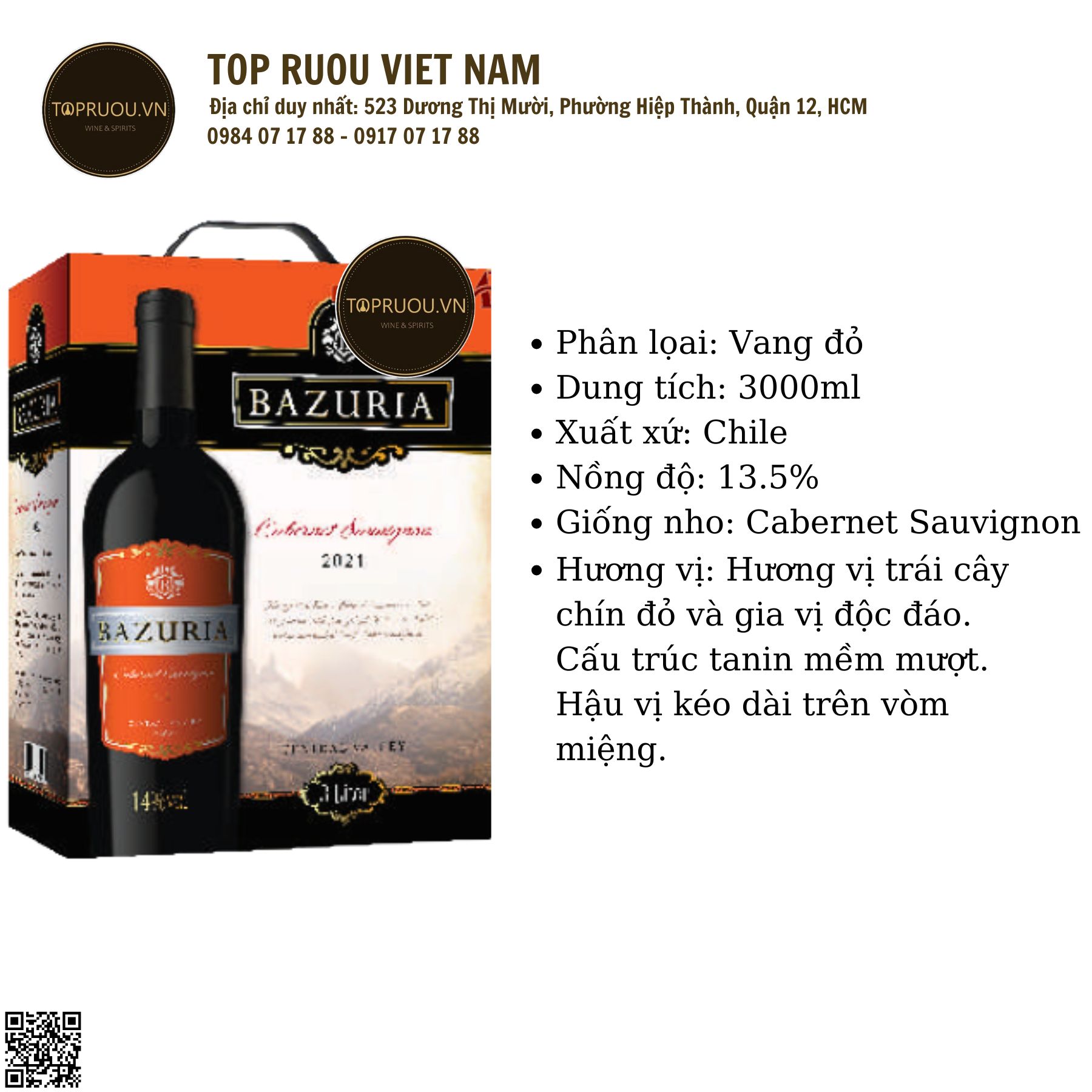 Rượu Vang Túi Bazuria - Chile - Cabernet Sauvignon- 14% - 3000ml